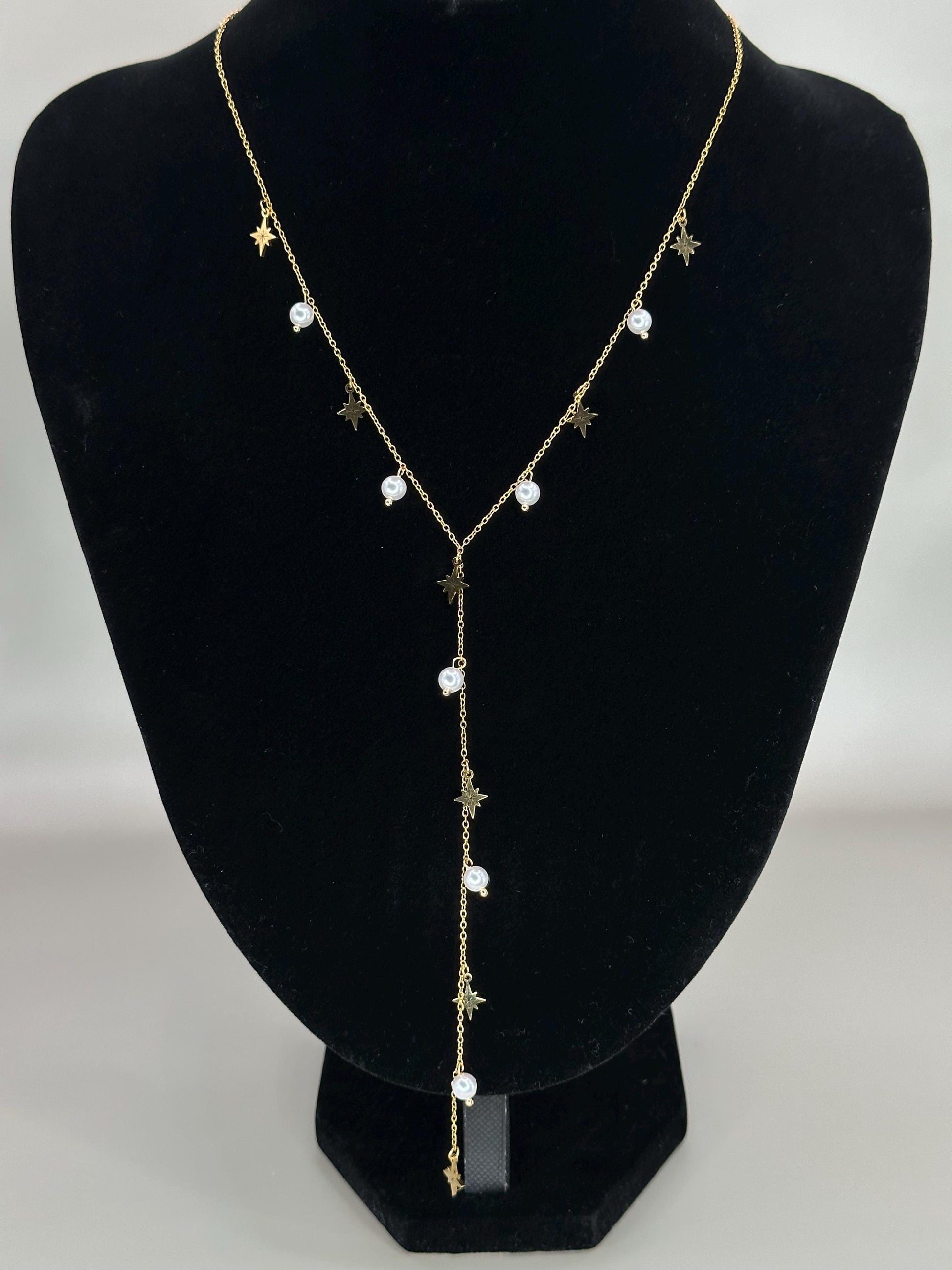 Gold Plated Waterproof Necklace Star & Pearl Y-Necklace – Celestial Minimalist Lariat, Non-Oxidizing