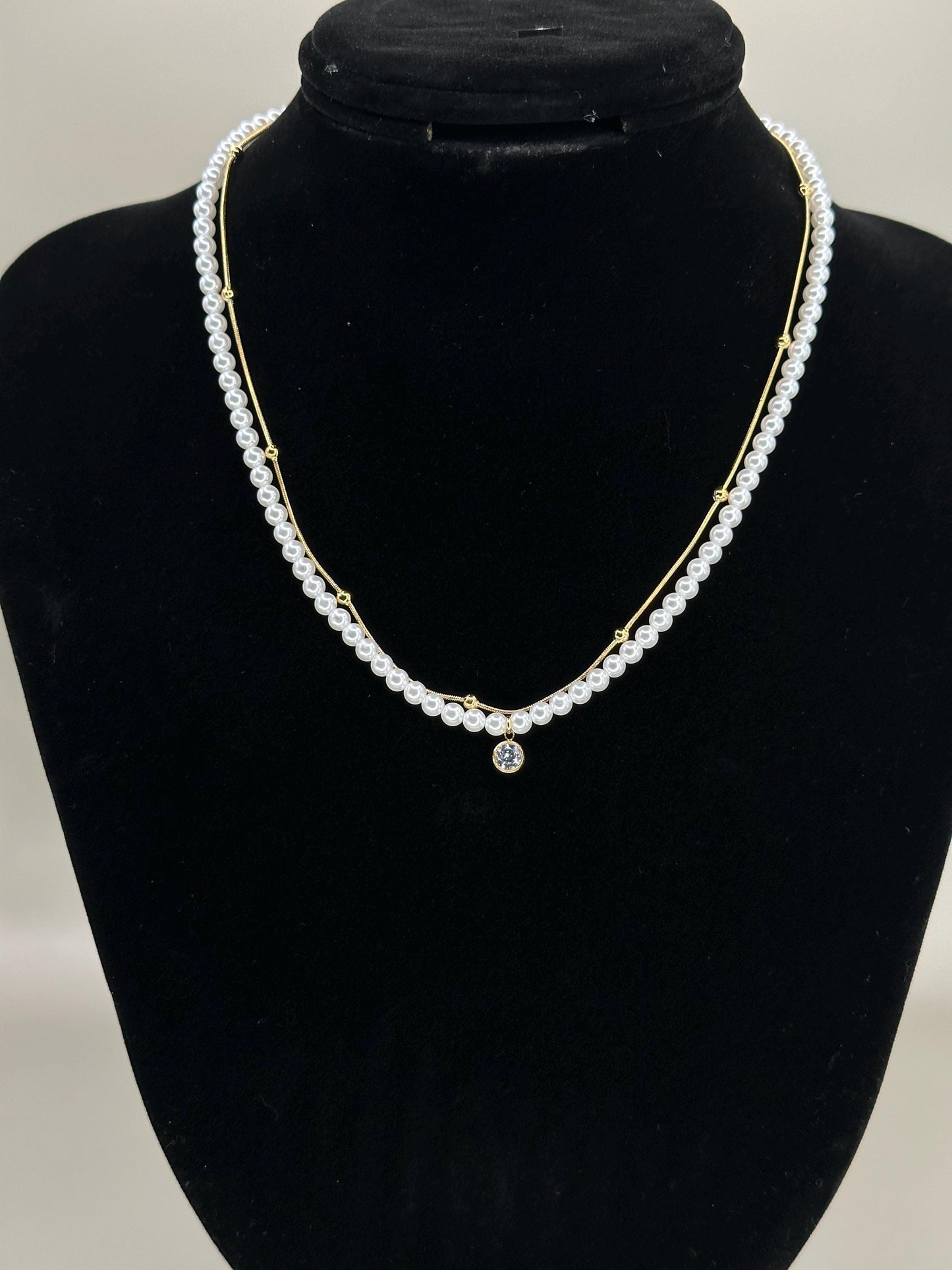 Gold Plated Double Layer Pearl Necklace: Crystal Pendant, Waterproof