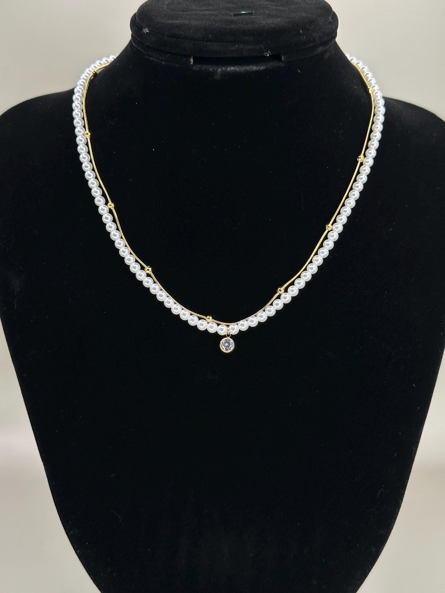 Gold Plated Double Layer Pearl Necklace: Crystal Pendant, Waterproof
