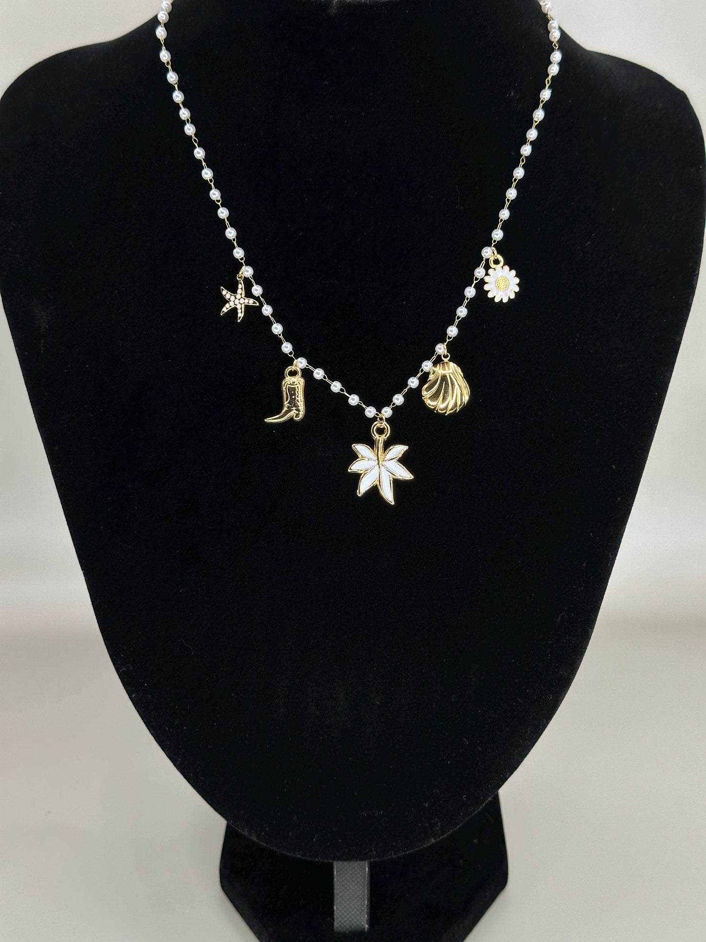 Gold Plated Charm Necklace: Cowgirl Boot, Daisy, Pearl Chain - Waterproof