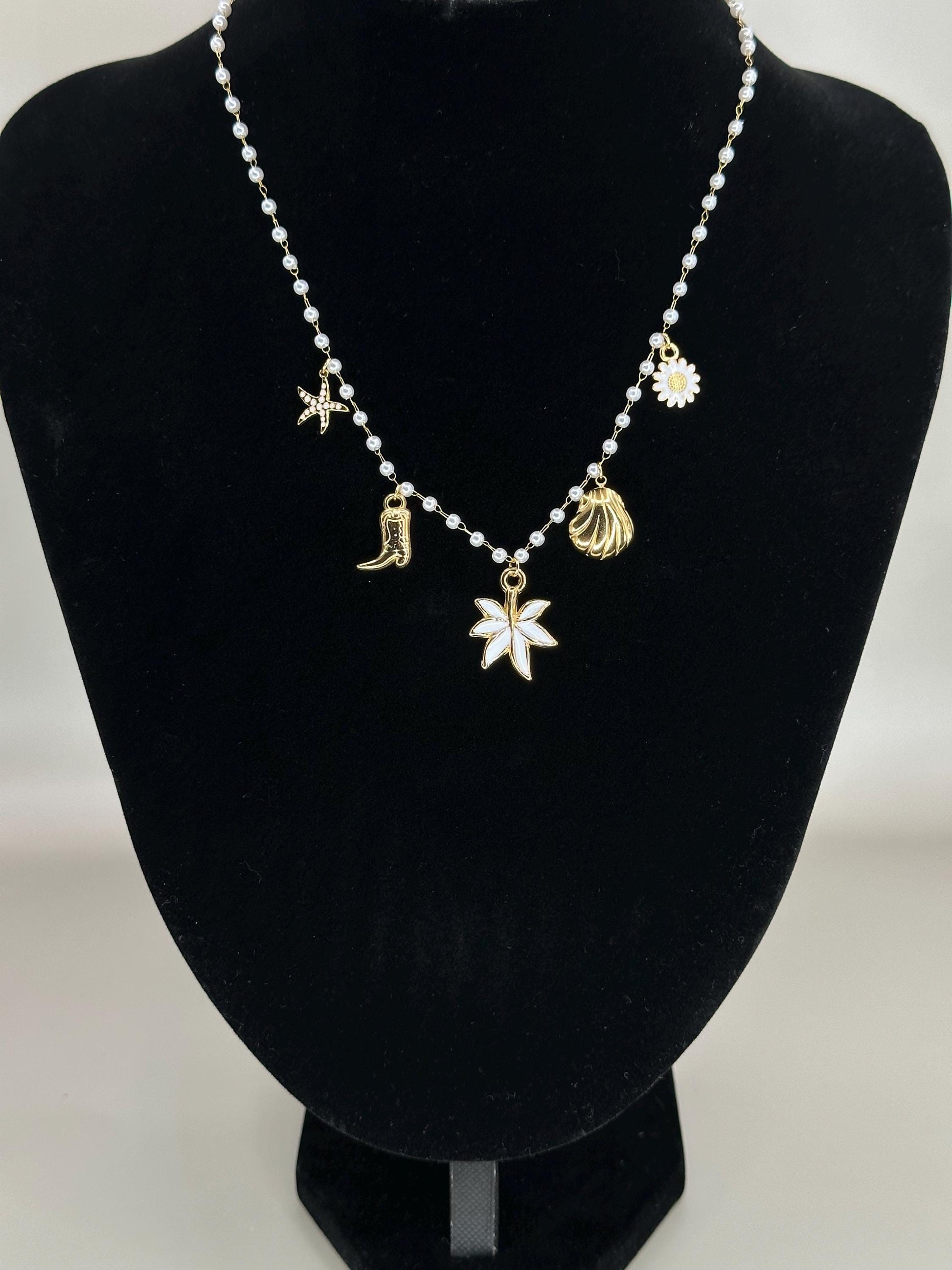 Gold Plated Charm Necklace: Cowgirl Boot, Daisy, Pearl Chain - Waterproof