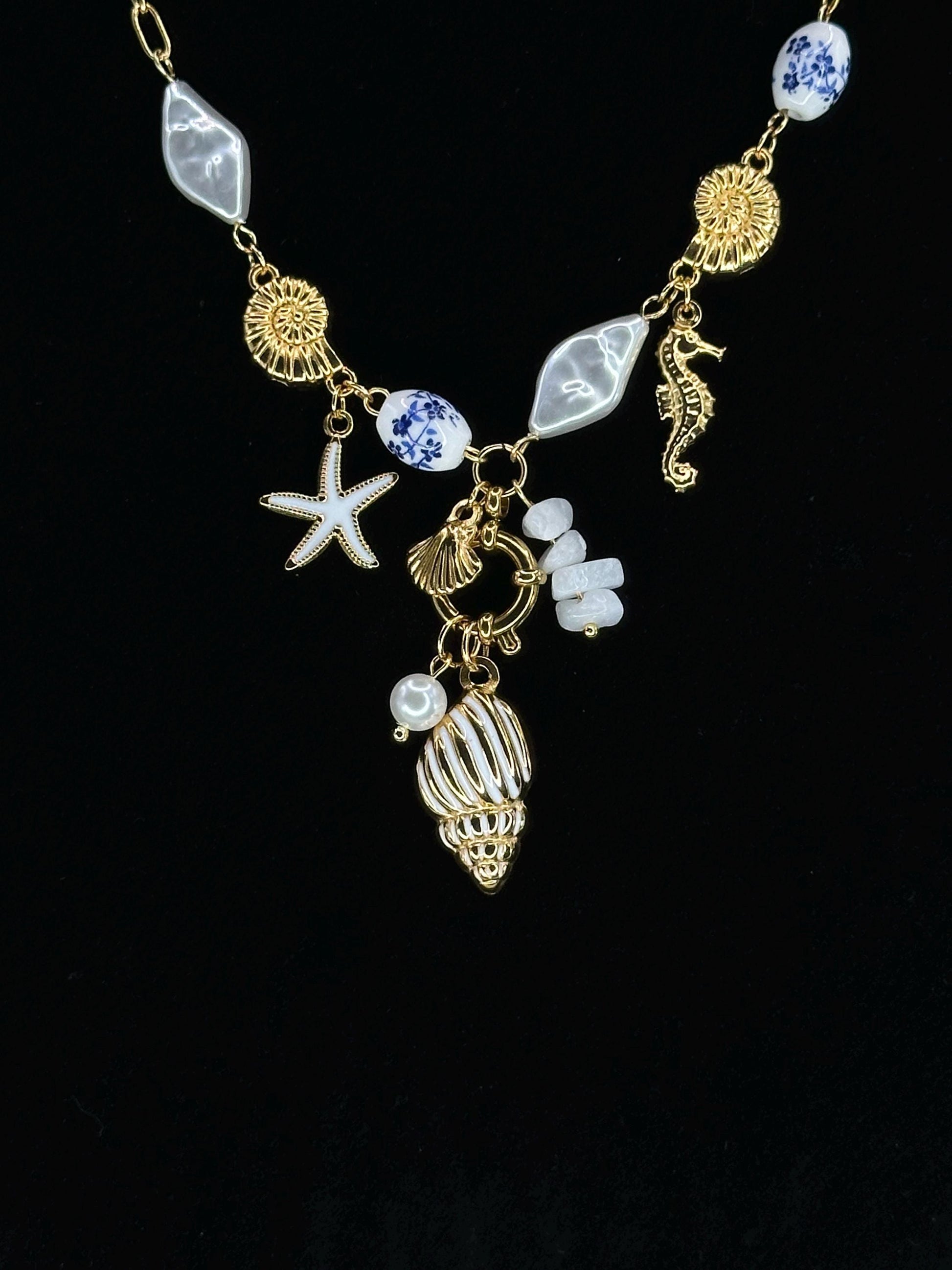 Gold Coastal Charm Necklace: Seahorse, Shells, Porcelain Bead
