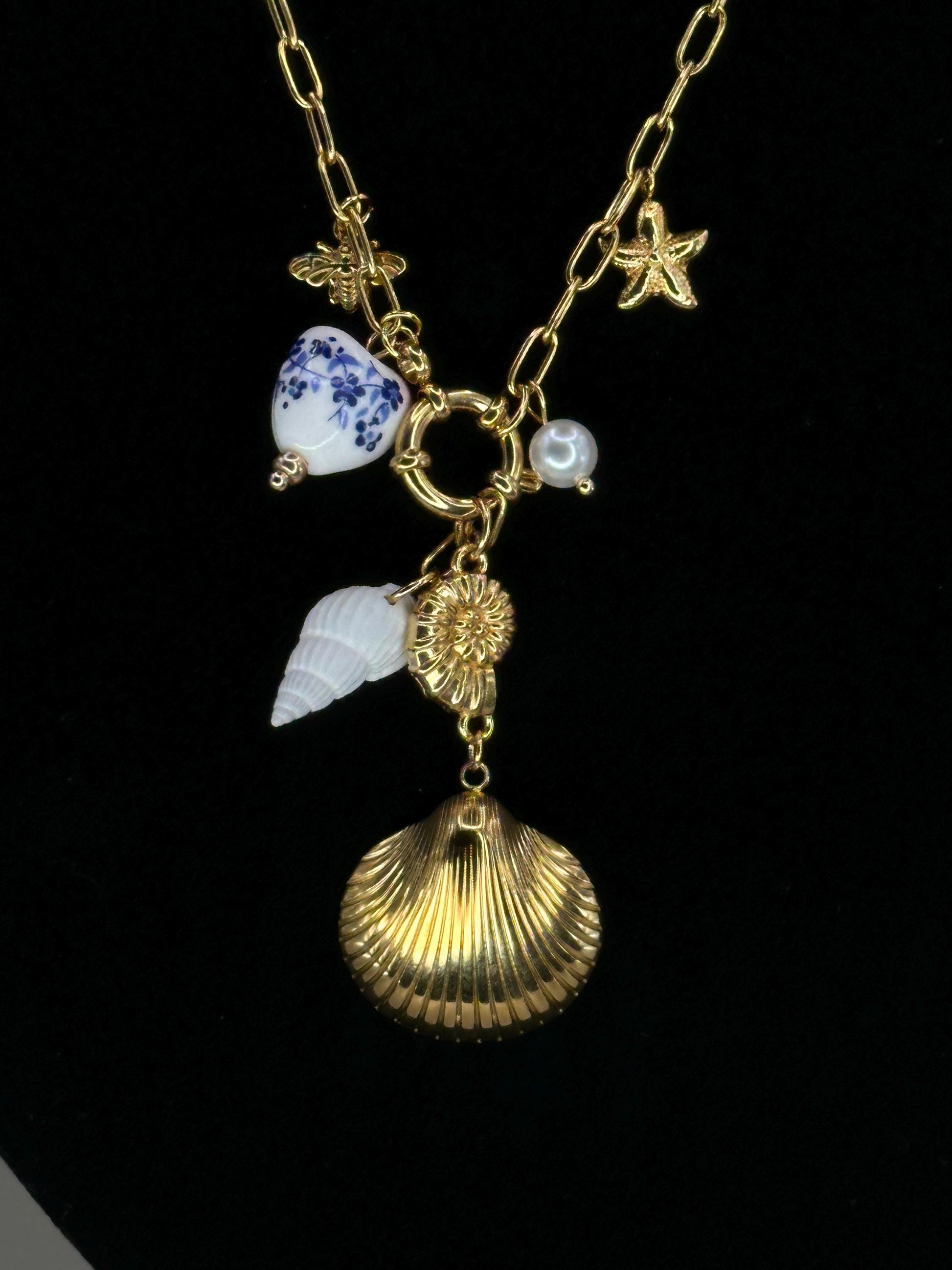 Gold Plated Waterproof Seashell Drop Pendant Necklace – Coastal Charms on Chunky Chain minimalist jewelry