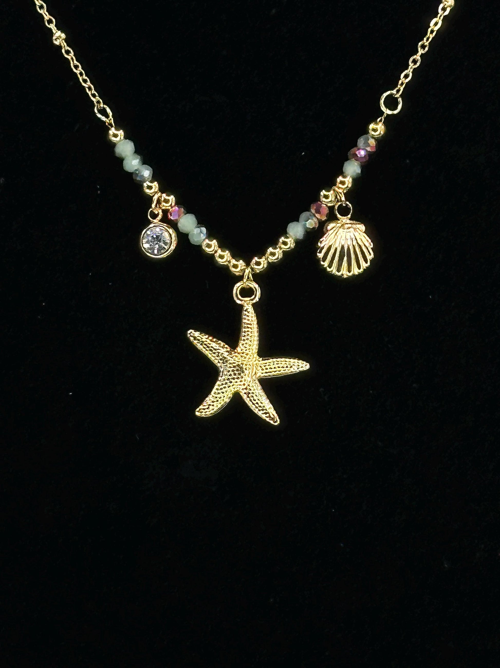 Gold Plated Starfish Necklace: Waterproof Beach Pendant with Shell & Beads