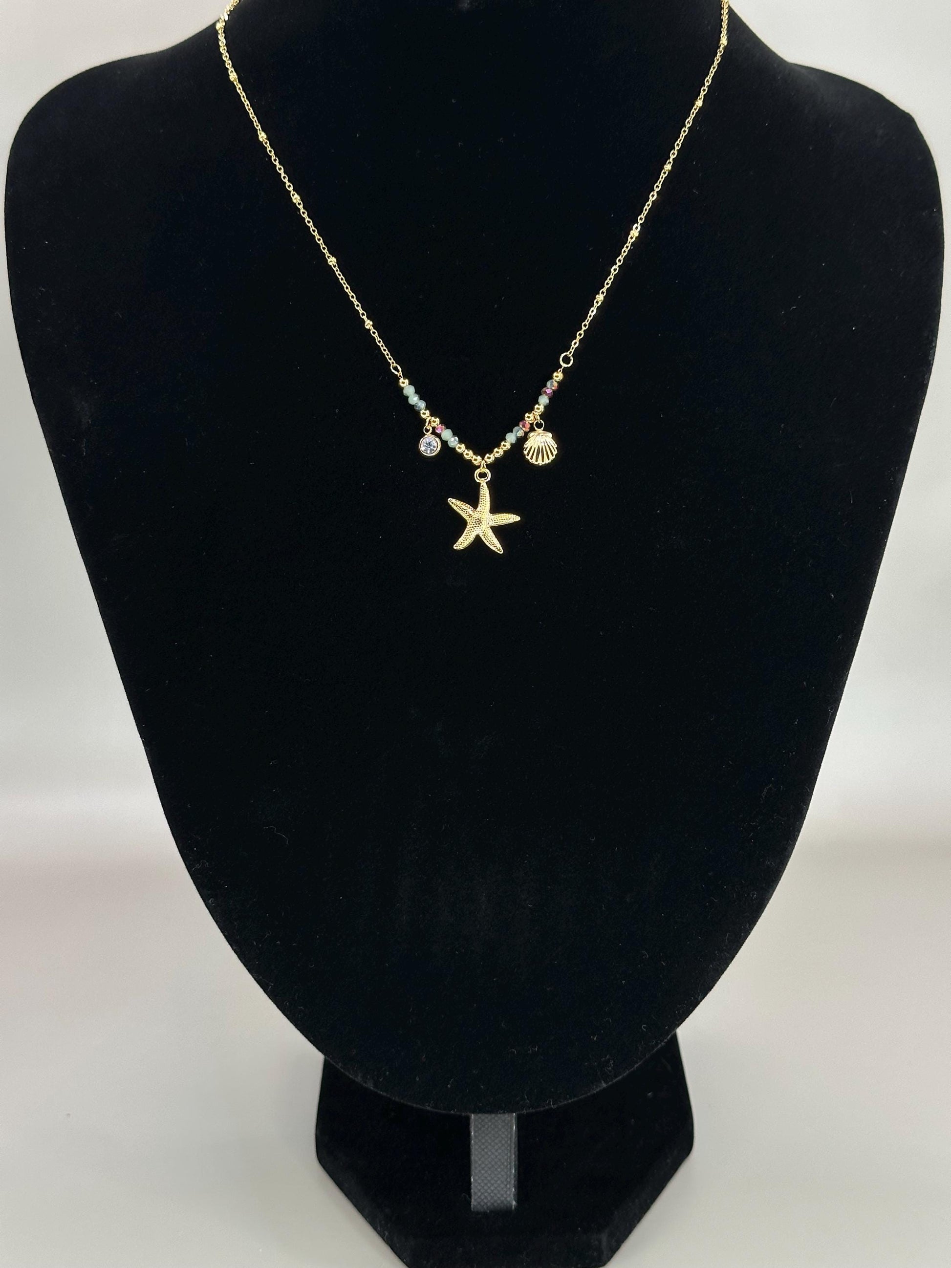 Gold Plated Starfish Necklace: Waterproof Beach Pendant with Shell & Beads