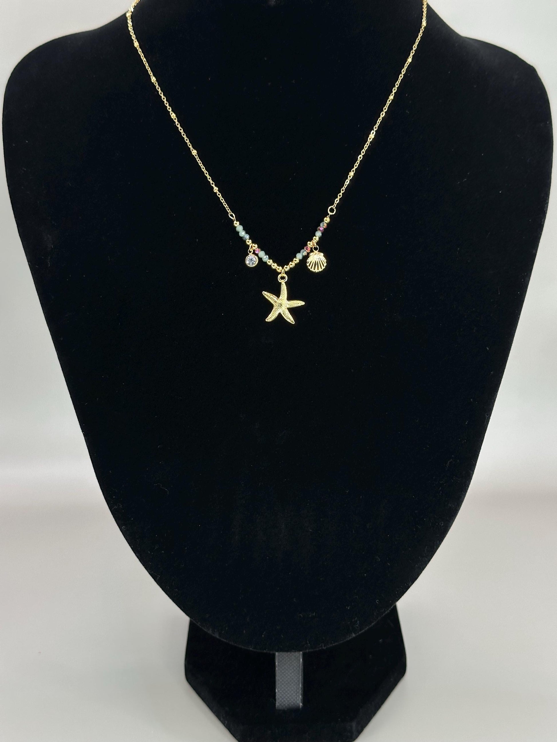 Gold Plated Starfish Necklace: Waterproof Beach Pendant with Shell & Beads