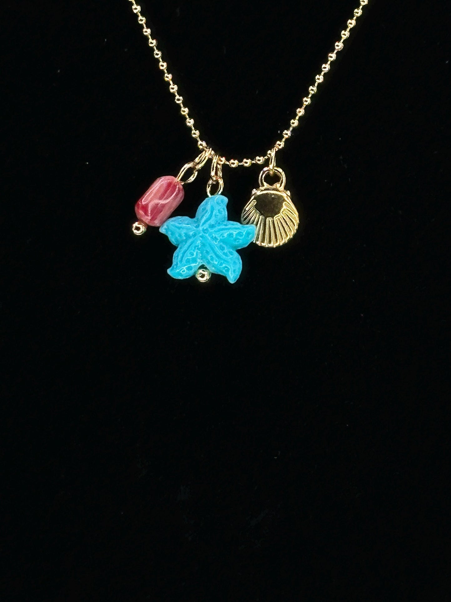 Gold Plated Waterproof Teal Starfish Shell Charm Necklace – Minimalist Jewelry