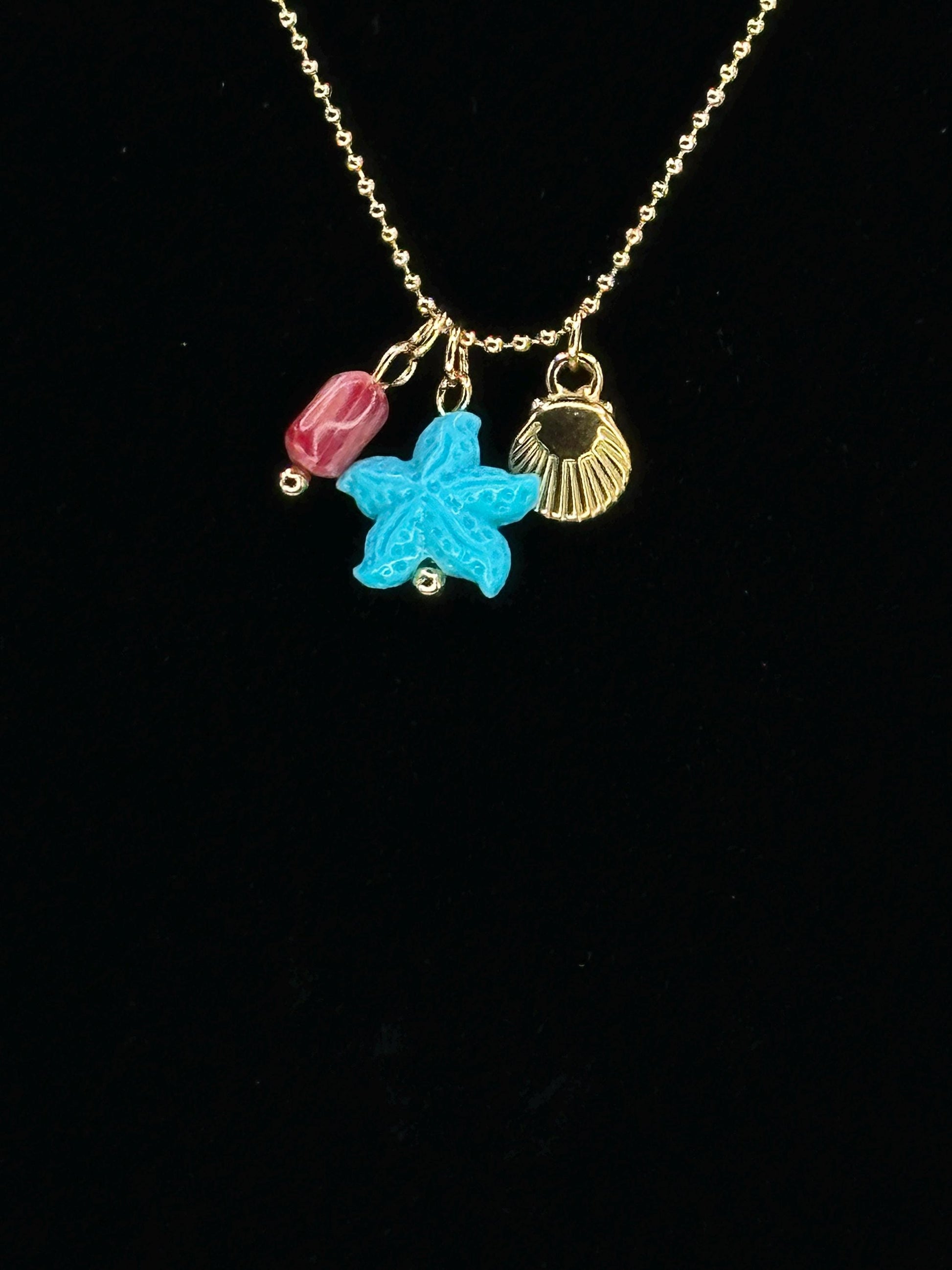 Gold Plated Waterproof Teal Starfish Shell Charm Necklace – Minimalist Jewelry