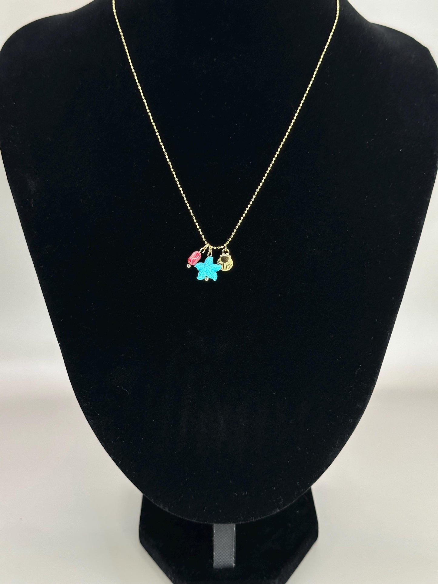 Gold Plated Waterproof Teal Starfish Shell Charm Necklace – Minimalist Jewelry