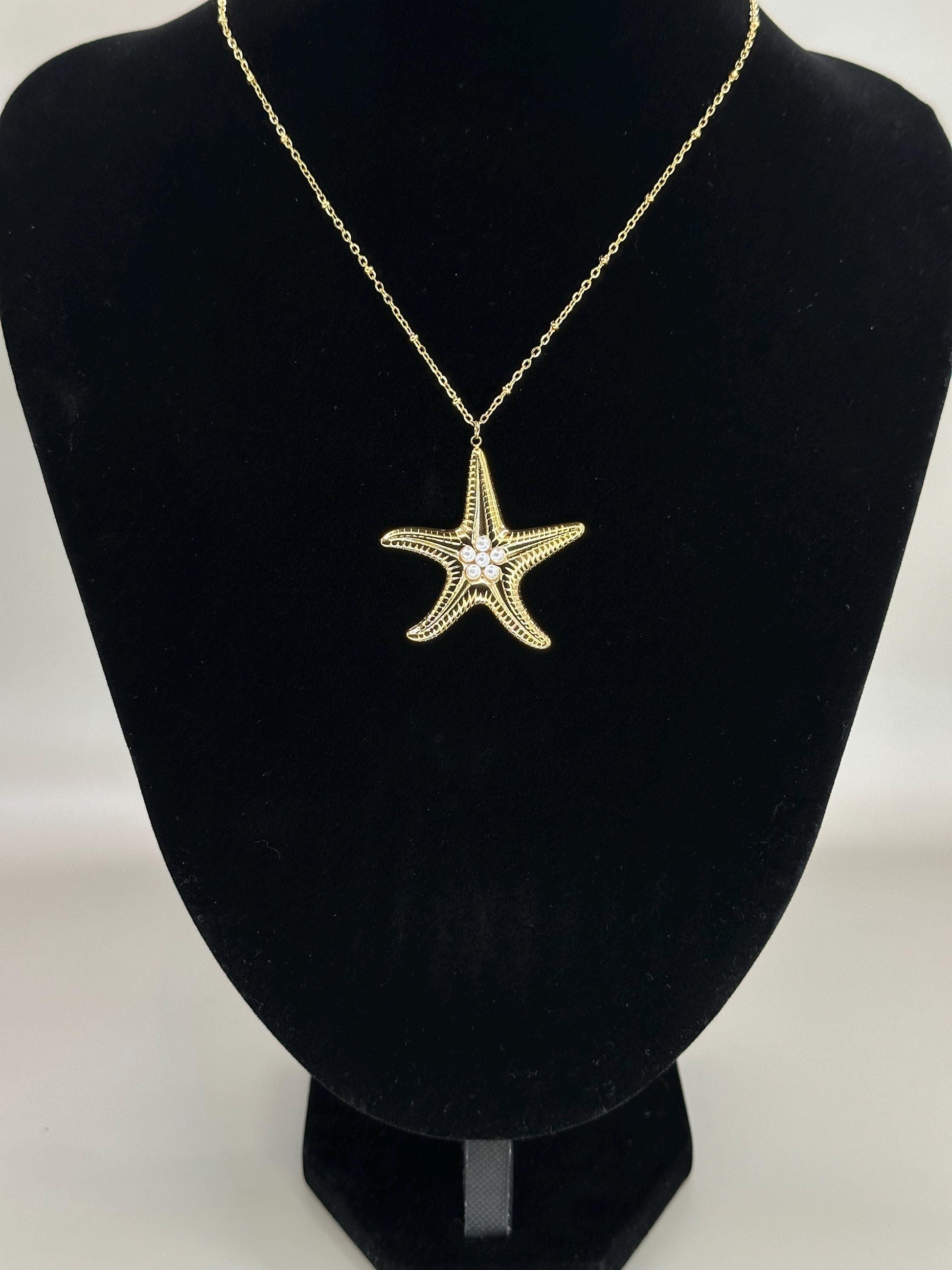 Gold Plated Waterproof Starfish Statement Necklace – Bold Ocean Pendant with Pearl Detail minimalist jewelry