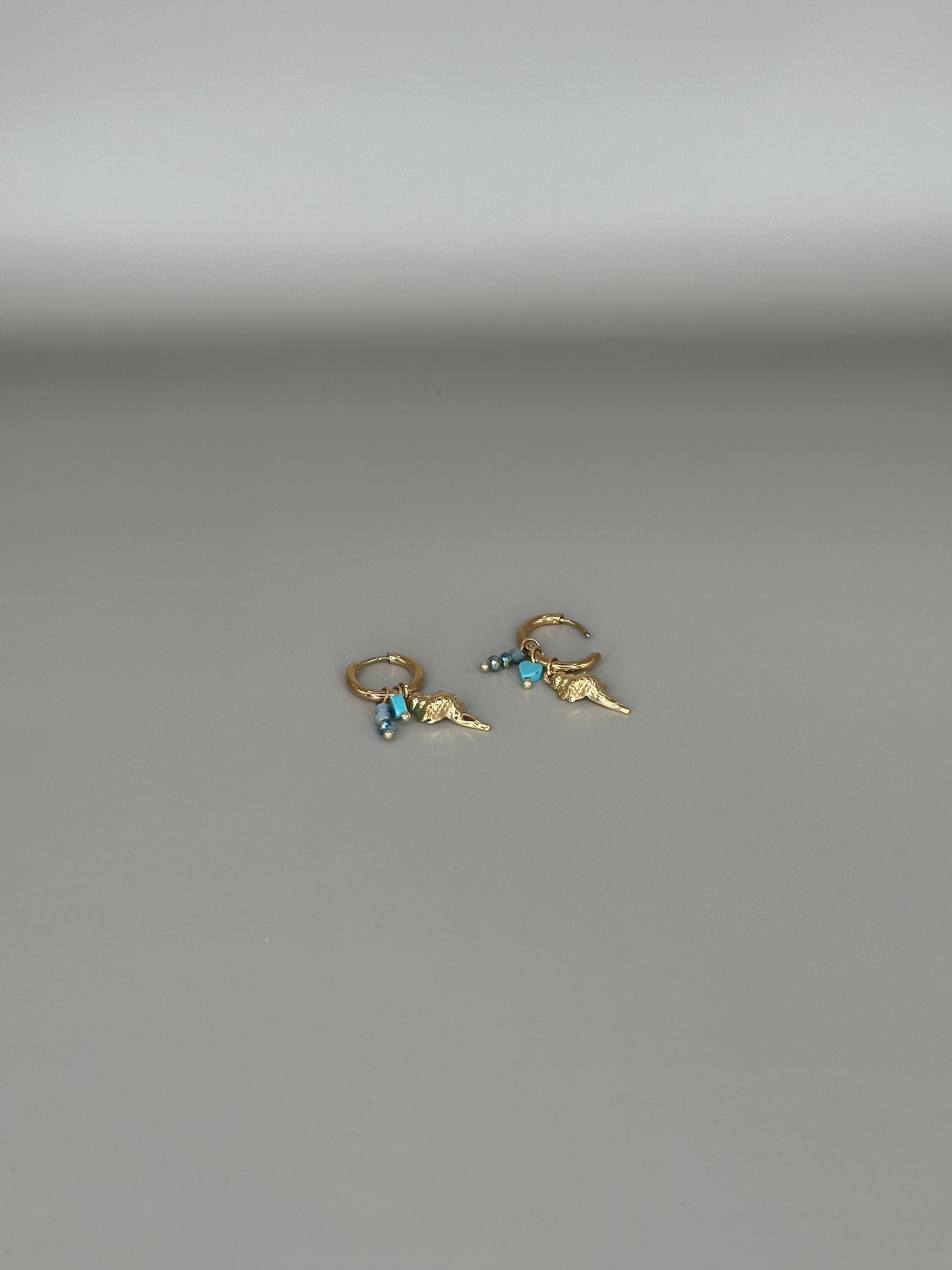 Gold Plated Waterproof Shell Charm Earrings – Ocean Blue Gem & Pearl Hoop / Dangle – Minimalist Jewelry