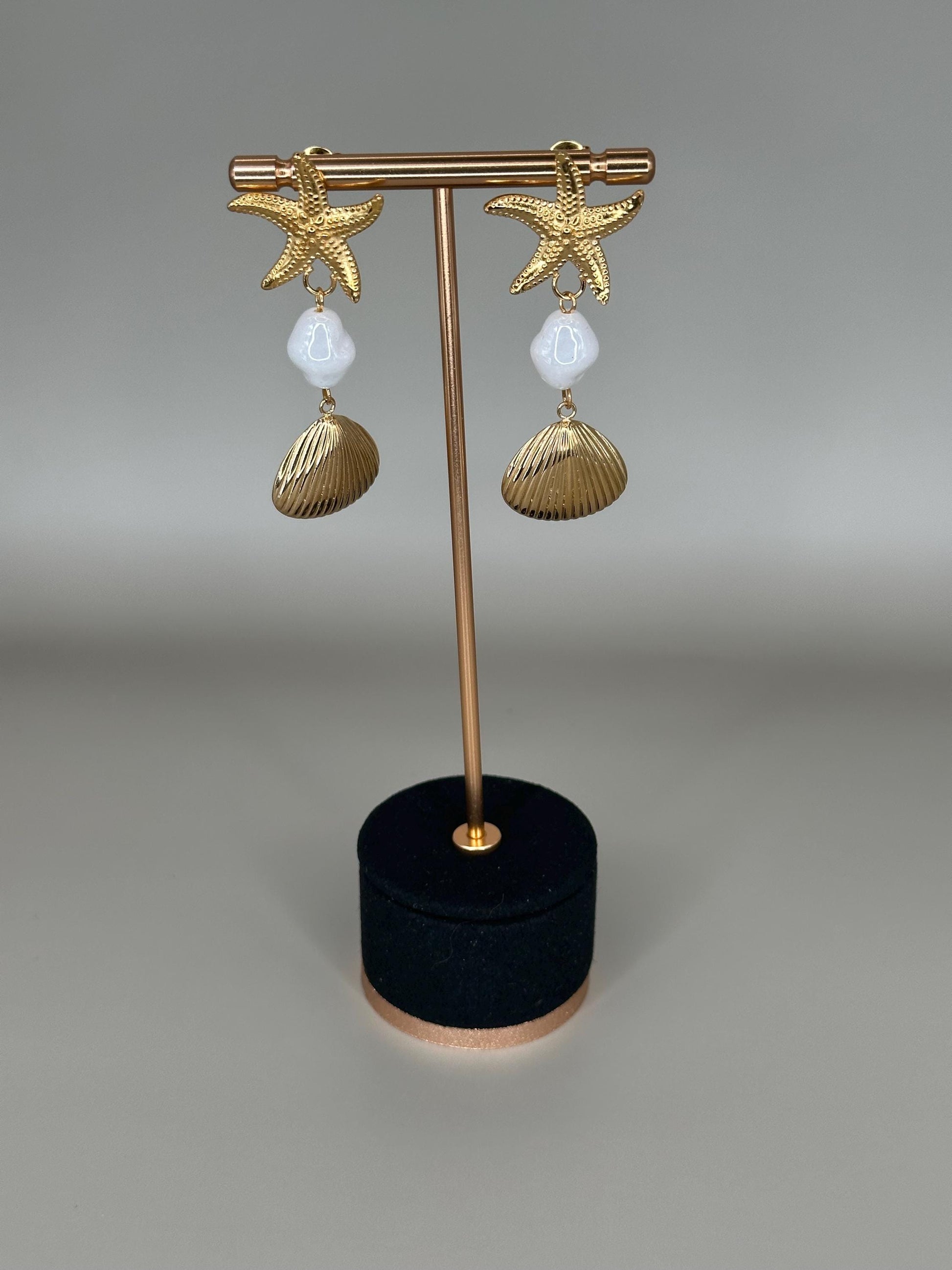 Gold Plated Waterproof Starfish , Shell , Mother Pearl Earrings – Hypoallergenic Minimalist Jewelry