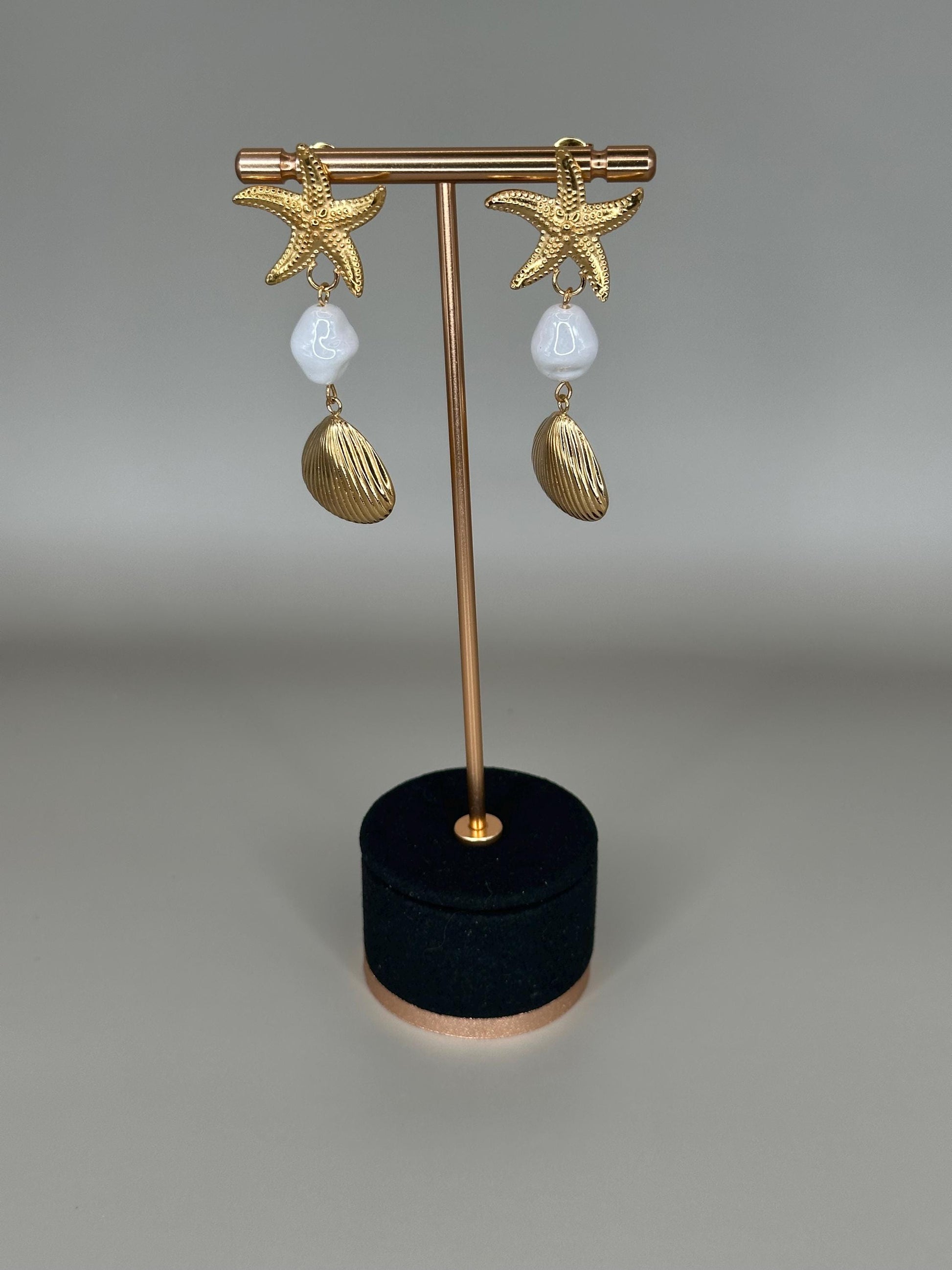 Gold Plated Waterproof Starfish , Shell , Mother Pearl Earrings – Hypoallergenic Minimalist Jewelry