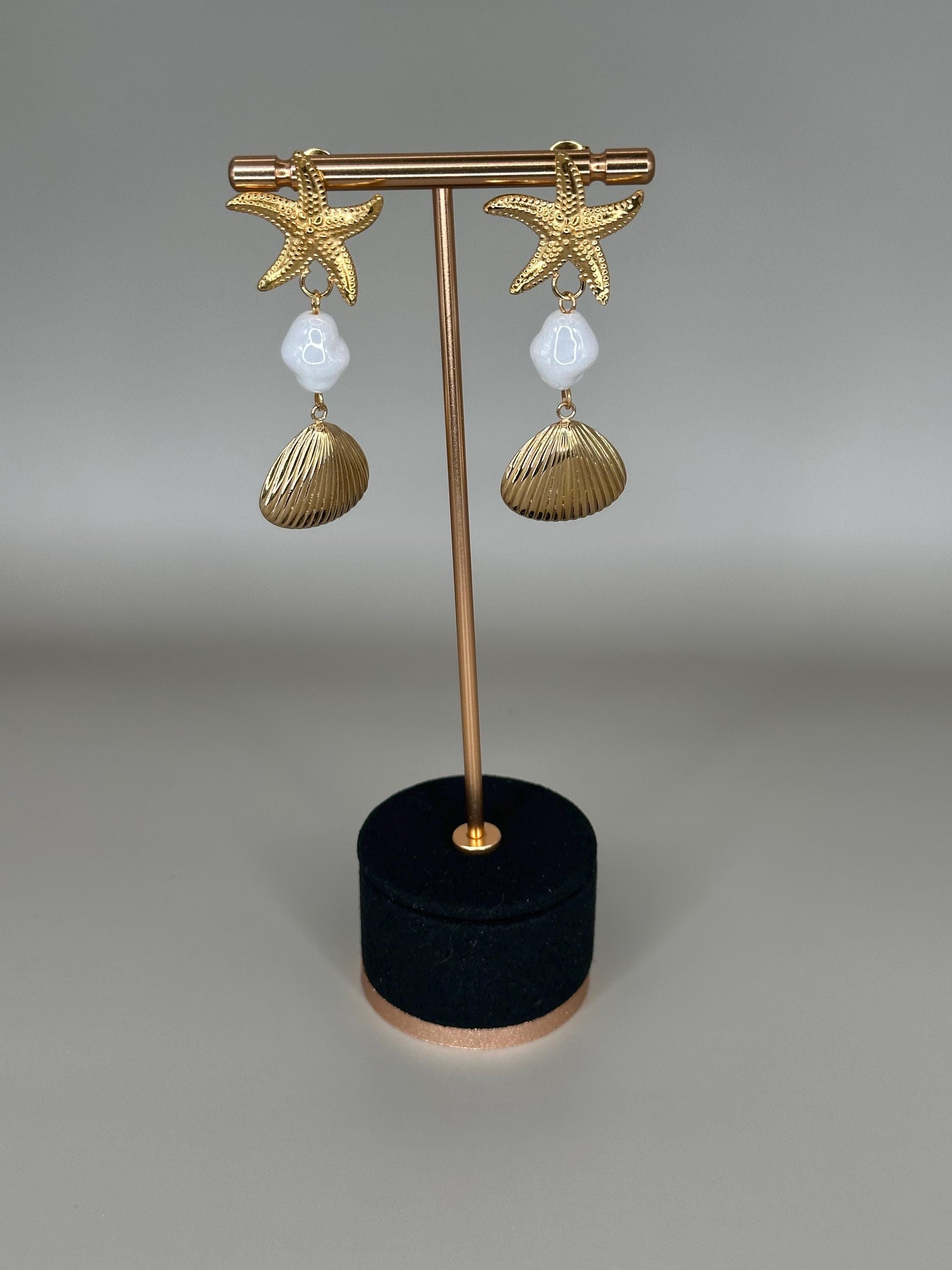 Gold Plated Waterproof Starfish , Shell , Mother Pearl Earrings – Hypoallergenic Minimalist Jewelry