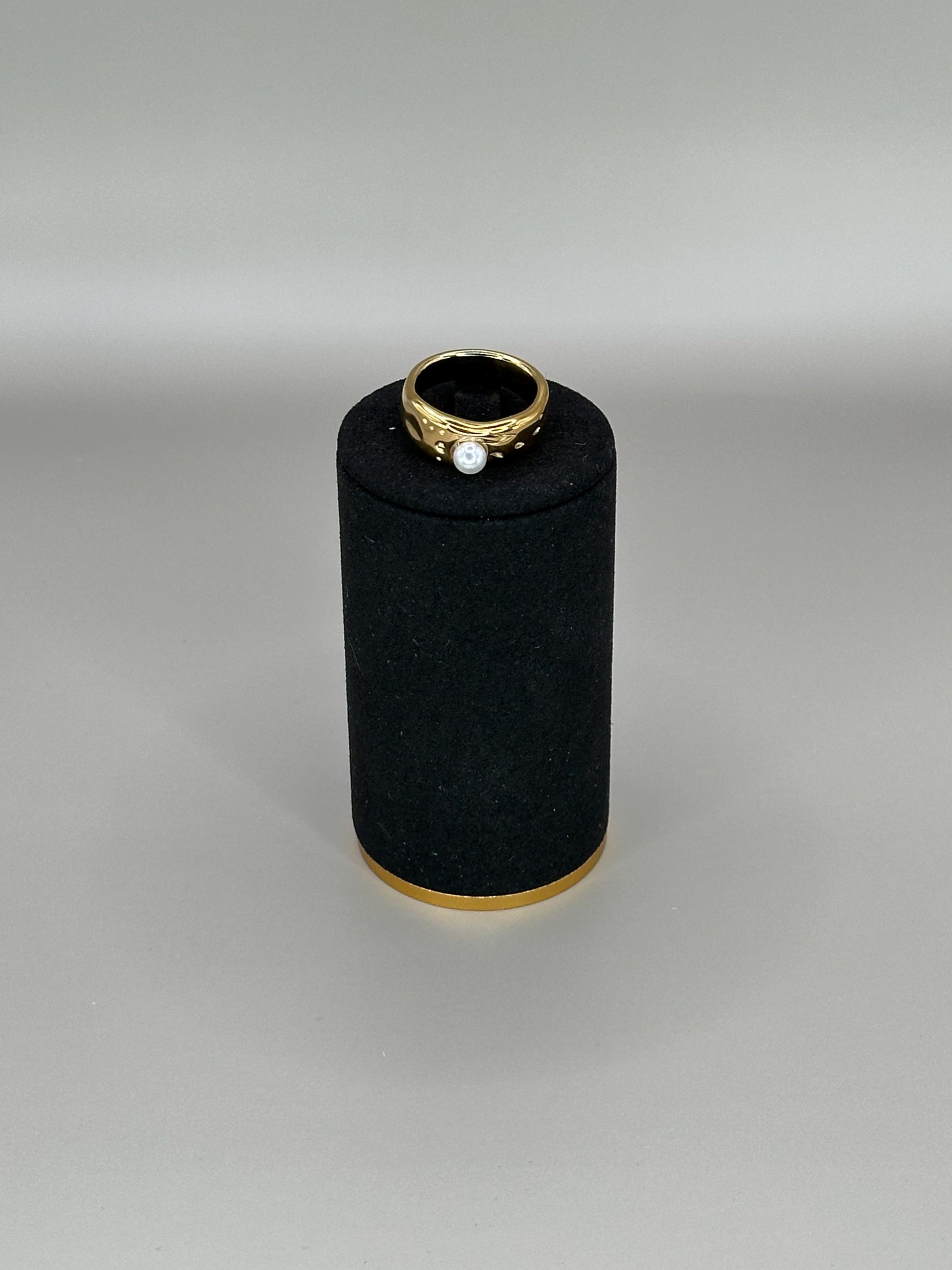 Gold Plated Waterproof Engraved Band Ring with Pearl – Hypoallergenic Adjustable Minimalist Jewelry