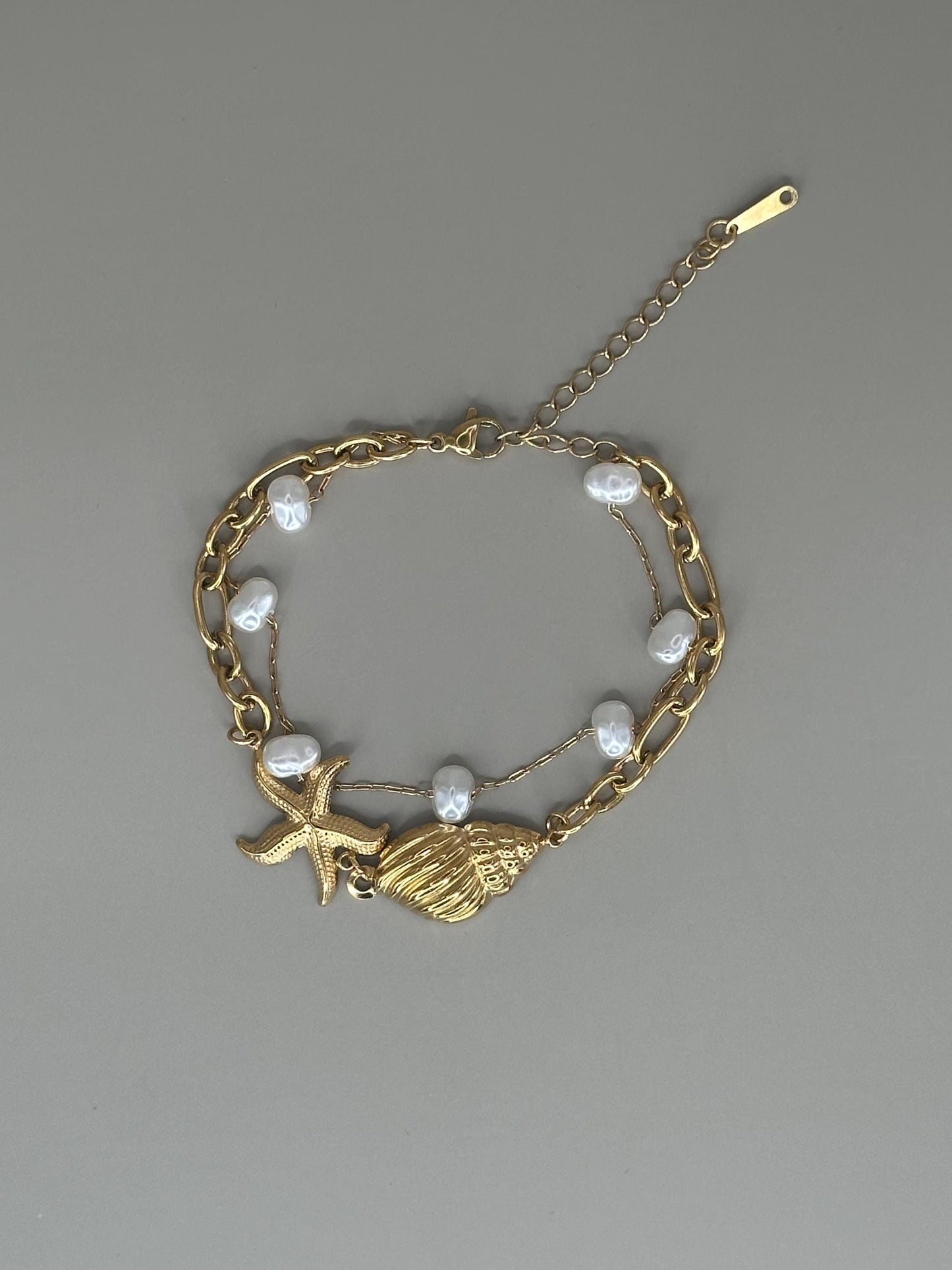 Gold Plated waterproof Gold Bracelet Anklet Ocean Pearl layered Shell Charm Minimalist & Elegant