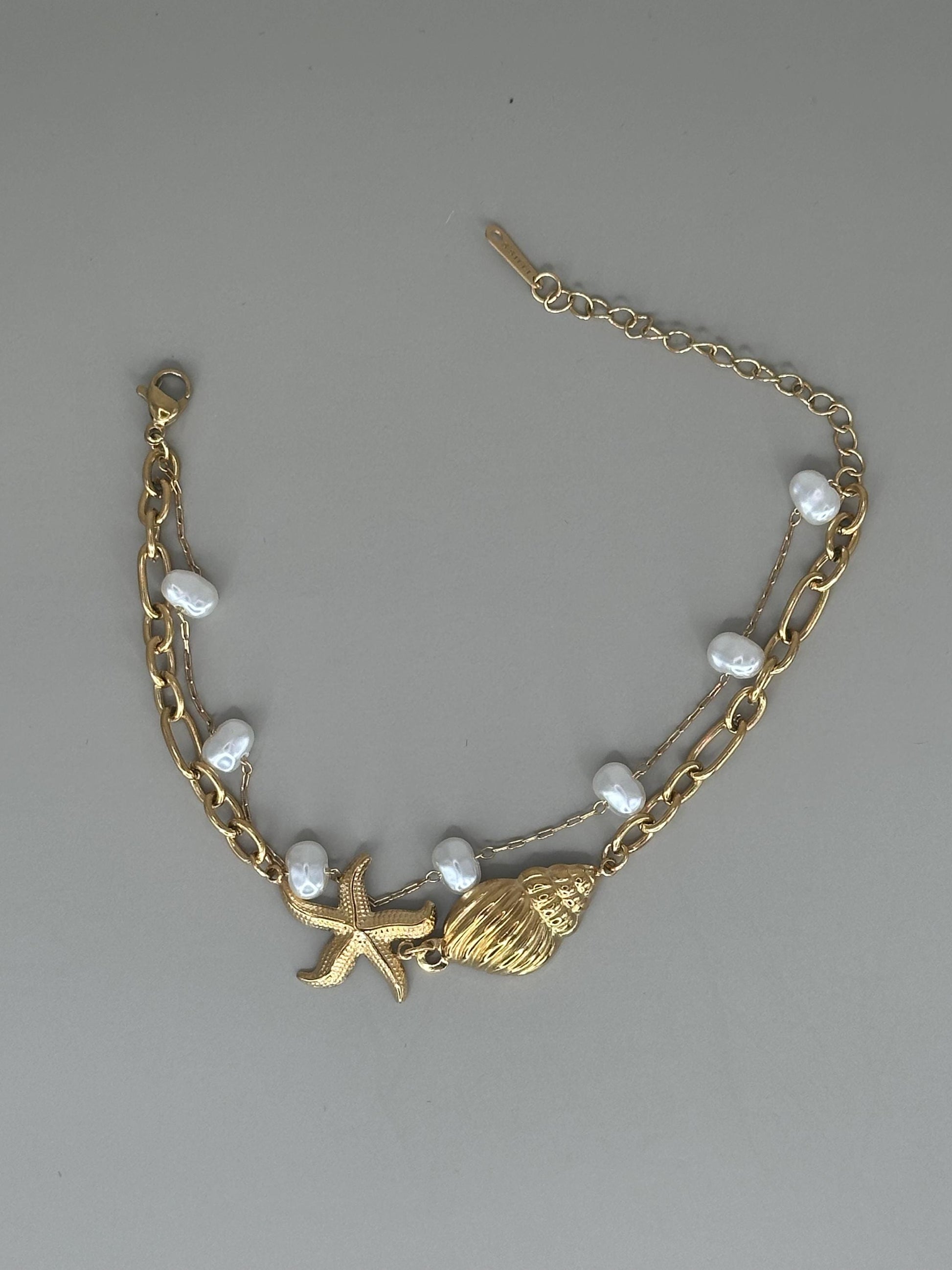 Gold Plated waterproof Gold Bracelet Anklet Ocean Pearl layered Shell Charm Minimalist & Elegant