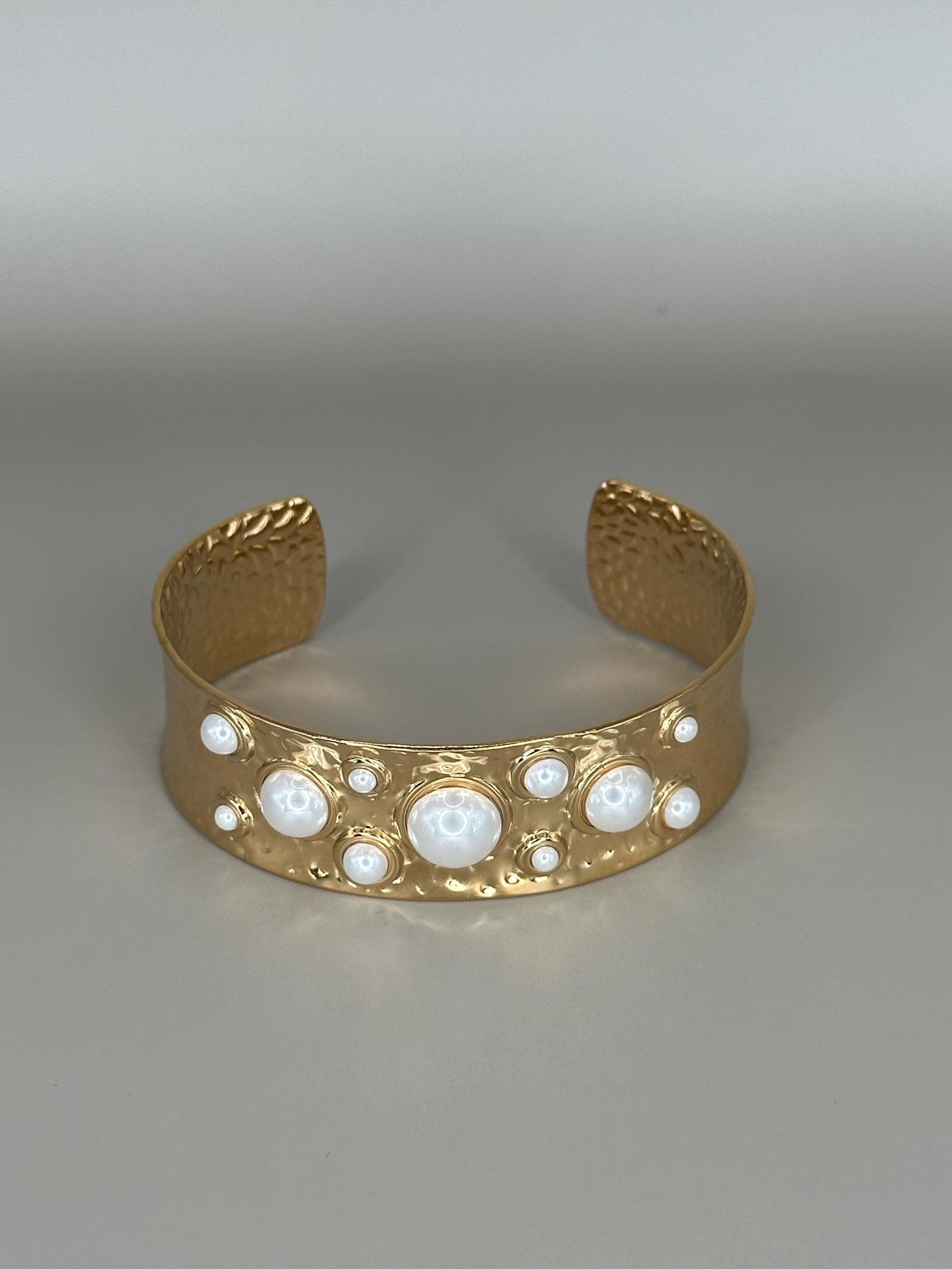Gold Plated Cuff Bracelet Anklet: Hammered Texture, Pearl Inlays, Adjustable Boho Jewelry