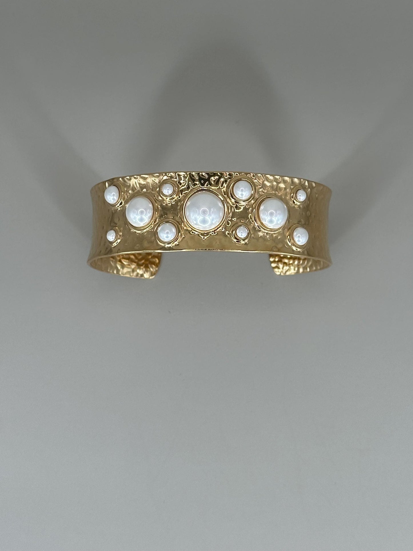 Gold Plated Cuff Bracelet Anklet: Hammered Texture, Pearl Inlays, Adjustable Boho Jewelry
