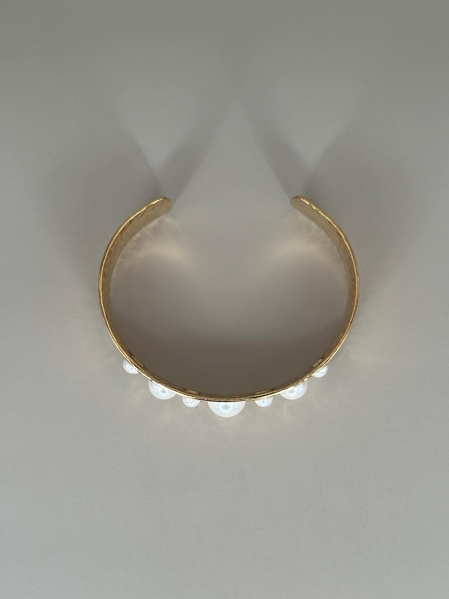 Gold Plated Cuff Bracelet Anklet: Hammered Texture, Pearl Inlays, Adjustable Boho Jewelry