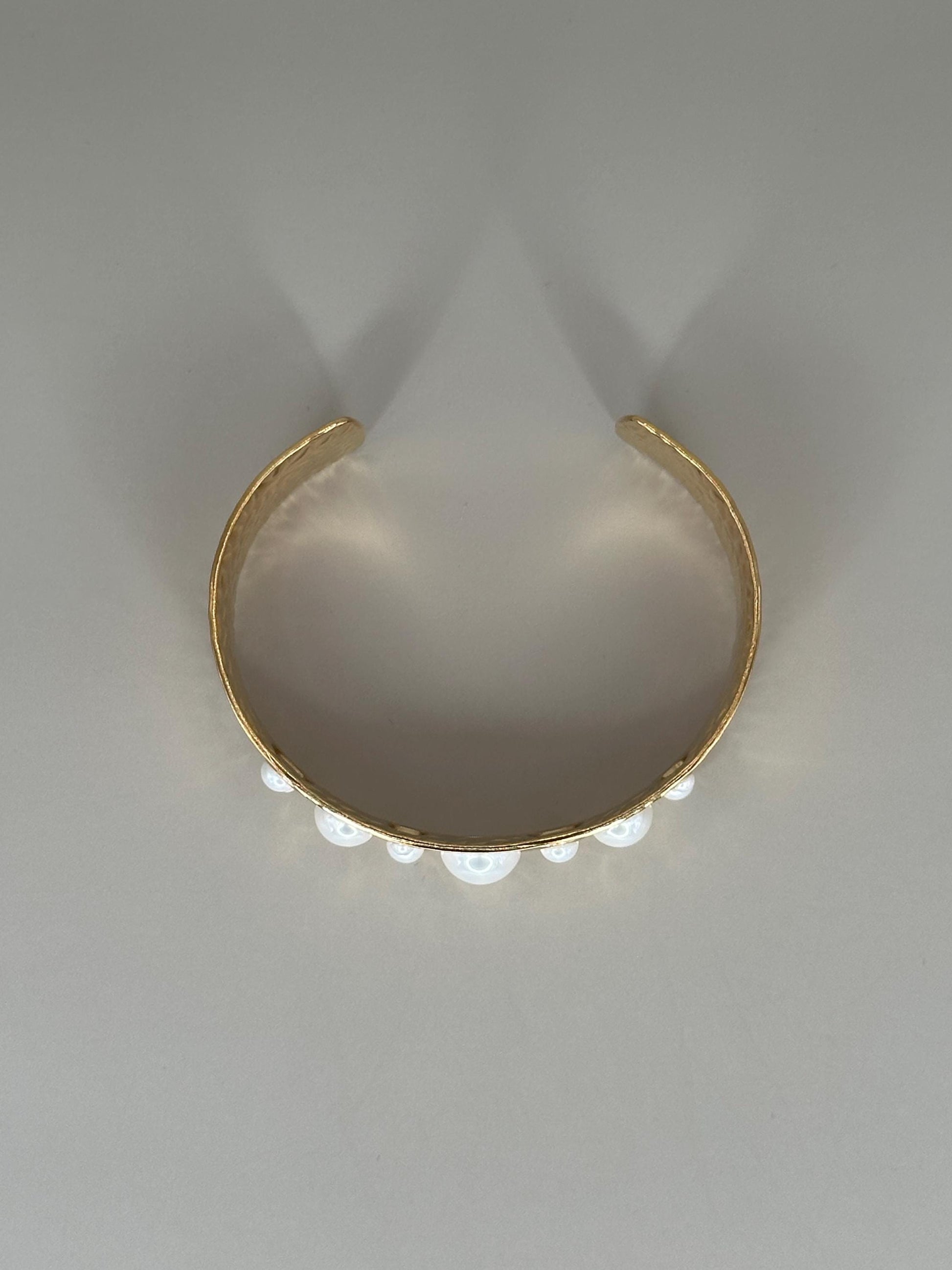 Gold Plated Cuff Bracelet Anklet: Hammered Texture, Pearl Inlays, Adjustable Boho Jewelry