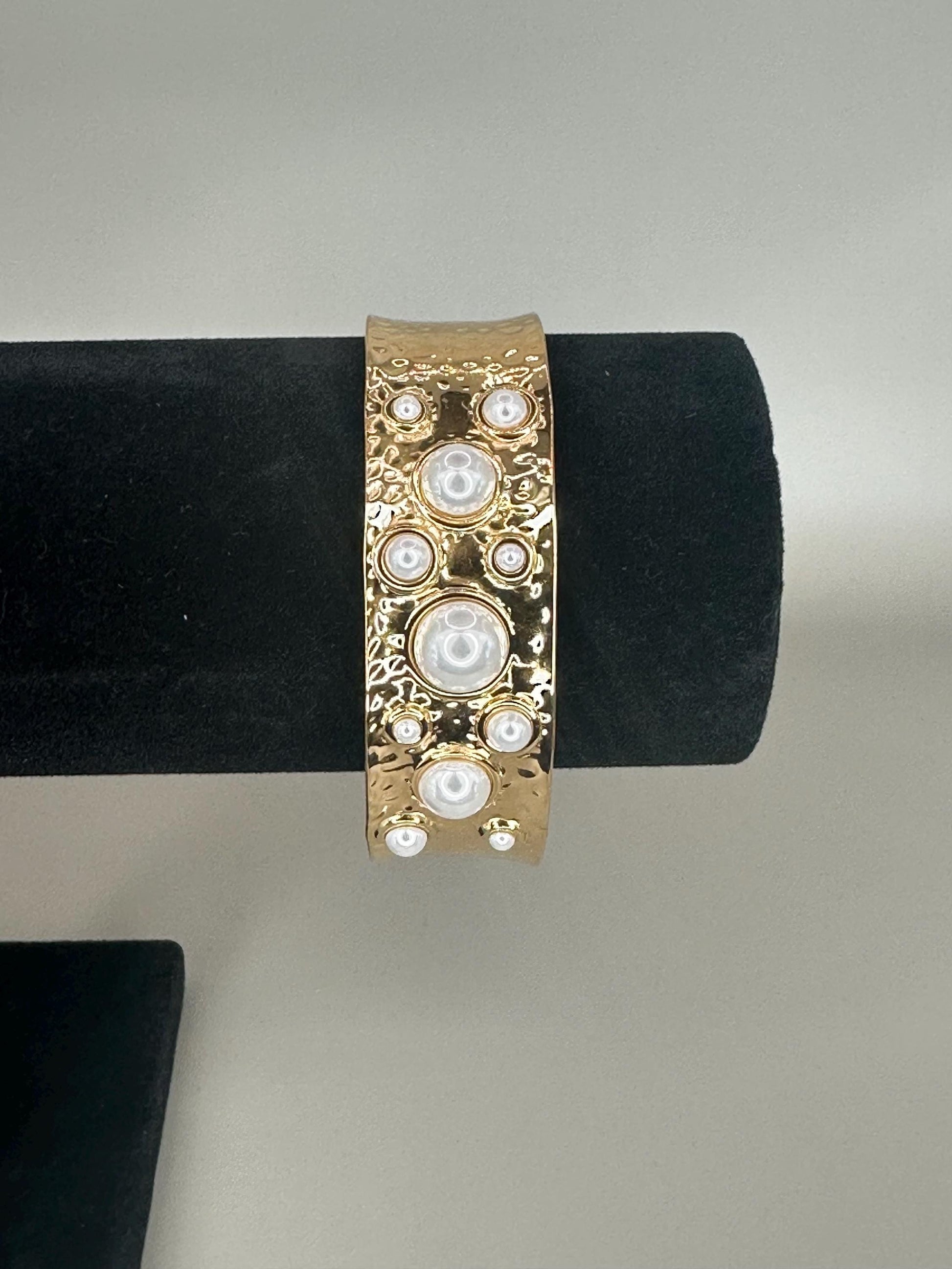 Gold Plated Cuff Bracelet Anklet: Hammered Texture, Pearl Inlays, Adjustable Boho Jewelry