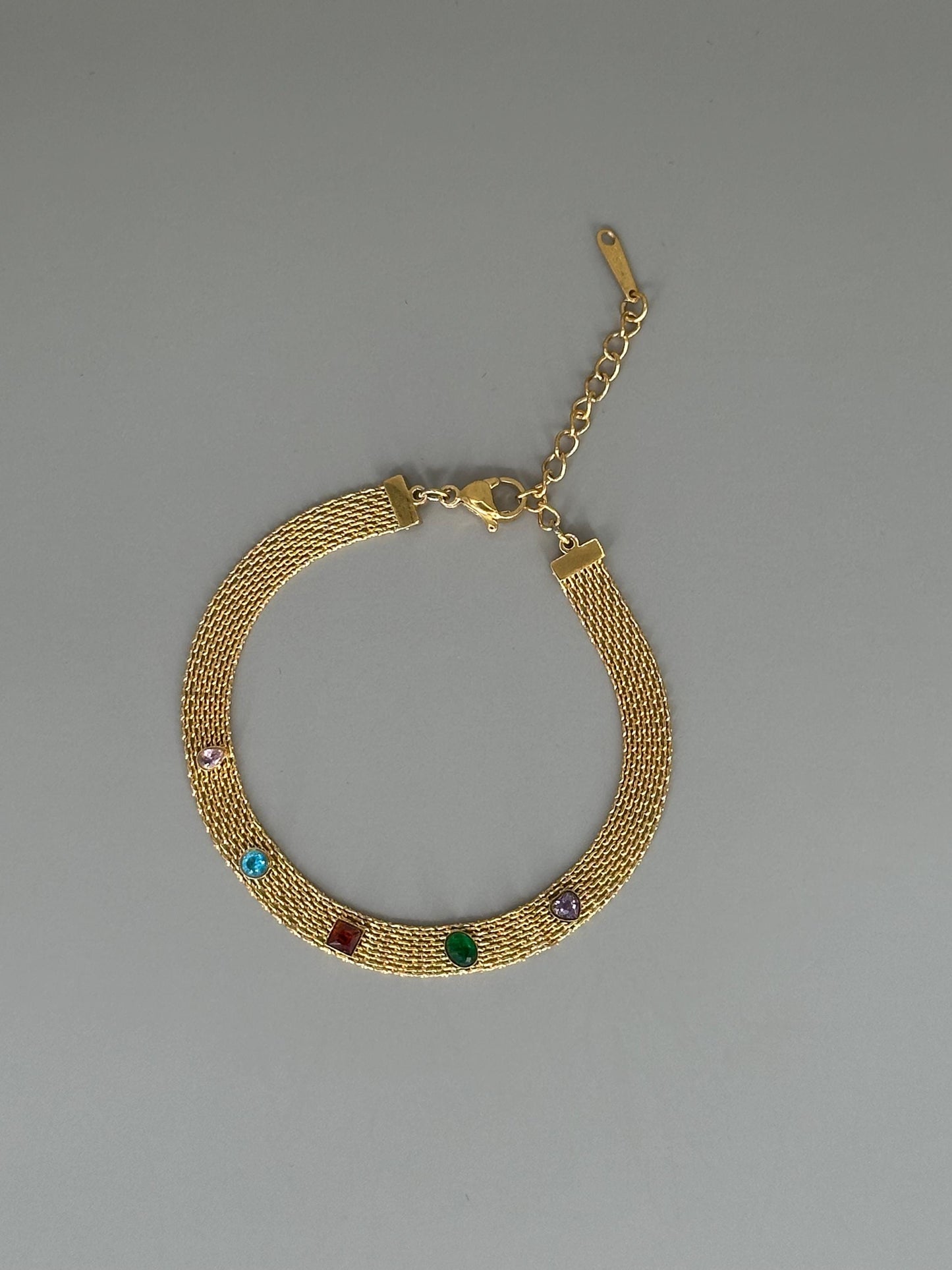Gold Plated Waterproof Colorful Gem Mesh Bracelet Hypoallergenic Minimalist Jewelry