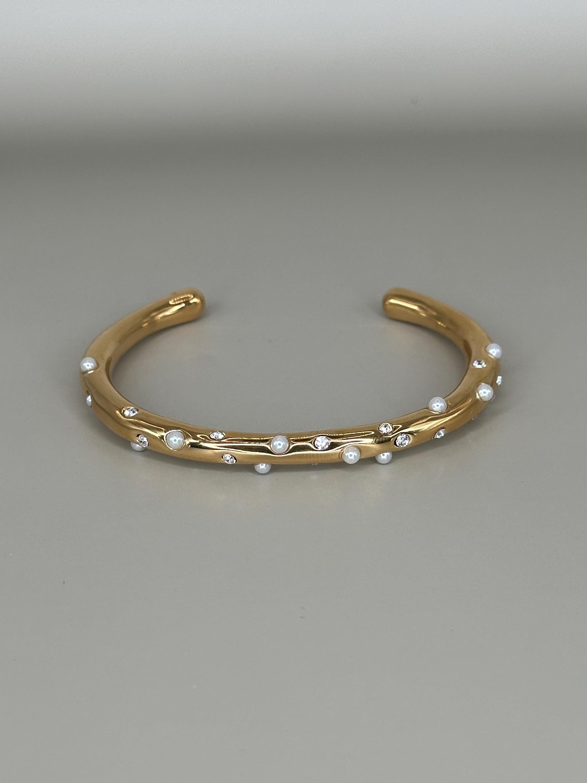 Gold Plated Waterproof Pearl & Crystal Cuff Bracelet, Hypoallergenic Minimalist Jewelry