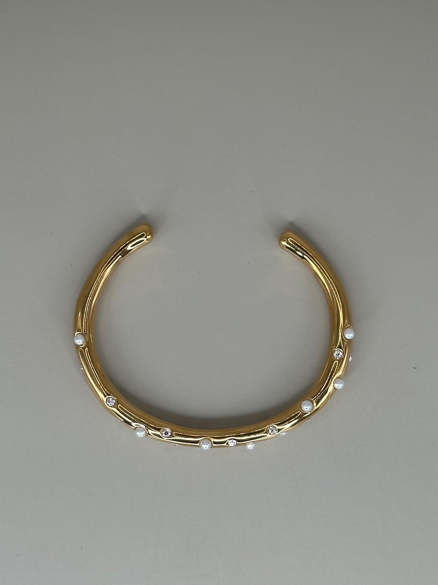 Gold Plated Waterproof Pearl & Crystal Cuff Bracelet, Hypoallergenic Minimalist Jewelry