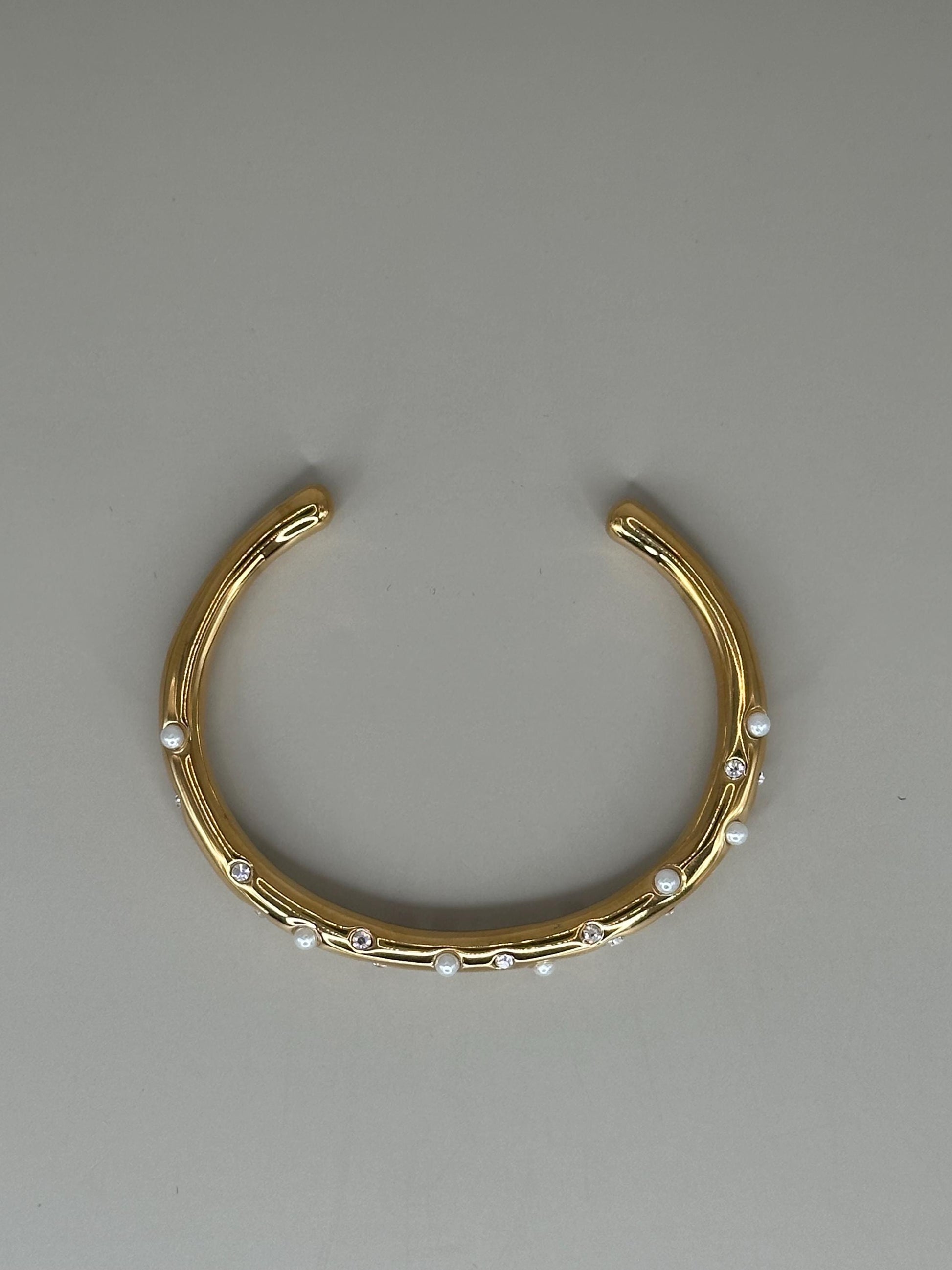Gold Plated Waterproof Pearl & Crystal Cuff Bracelet, Hypoallergenic Minimalist Jewelry