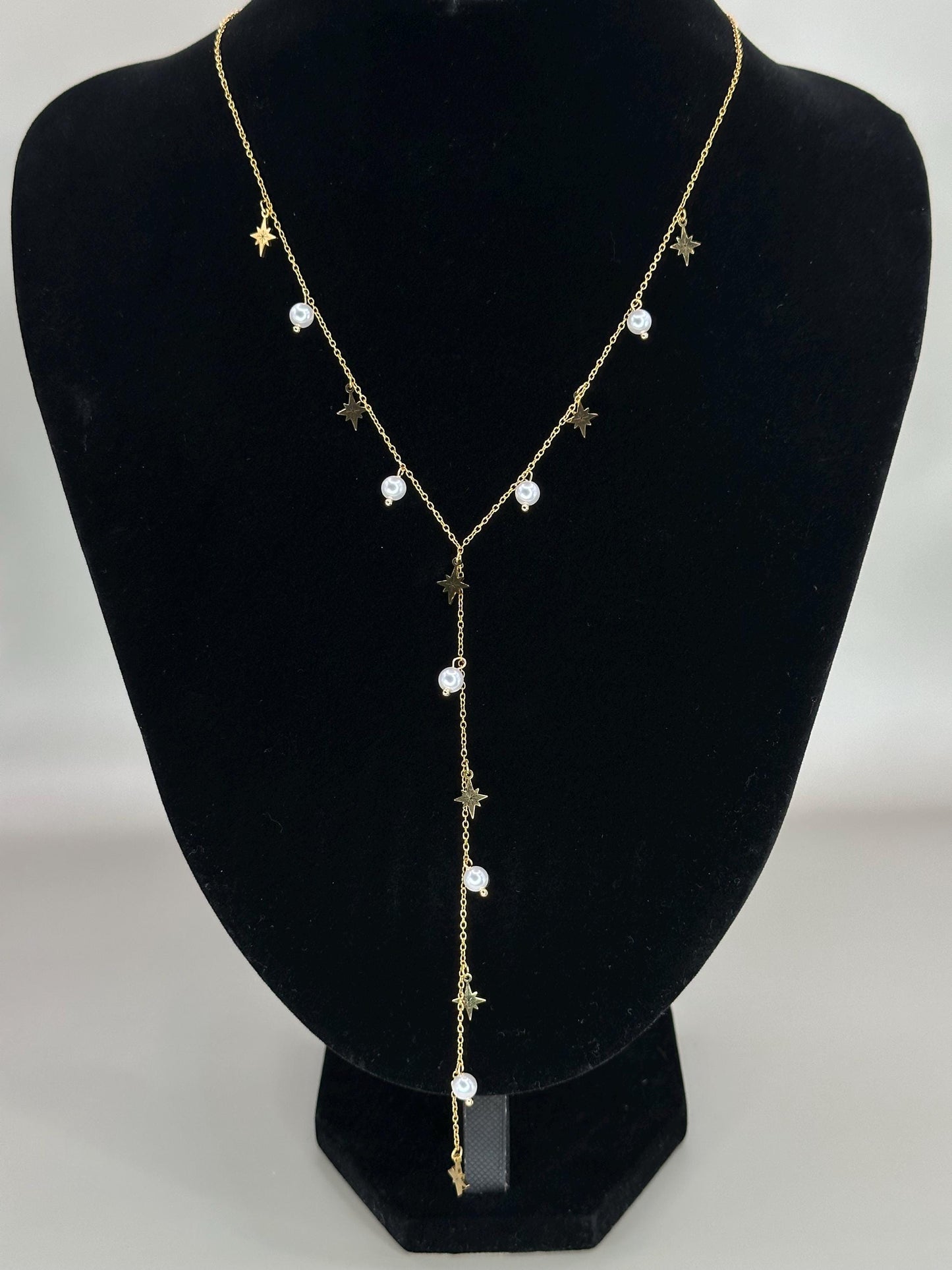 Gold Plated Waterproof Necklace Star & Pearl Y-Necklace – Celestial Minimalist Lariat, Non-Oxidizing