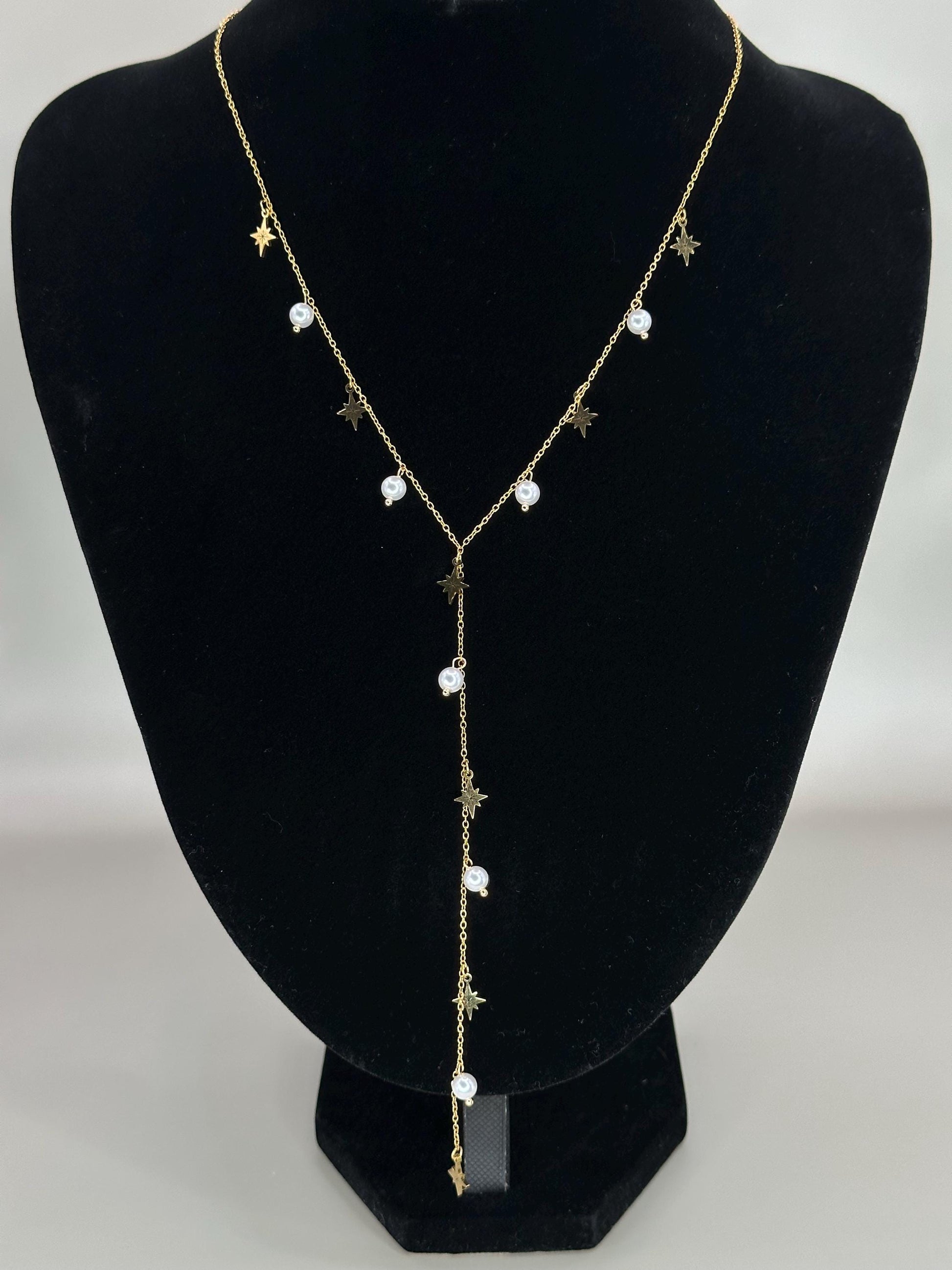 Gold Plated Waterproof Necklace Star & Pearl Y-Necklace – Celestial Minimalist Lariat, Non-Oxidizing