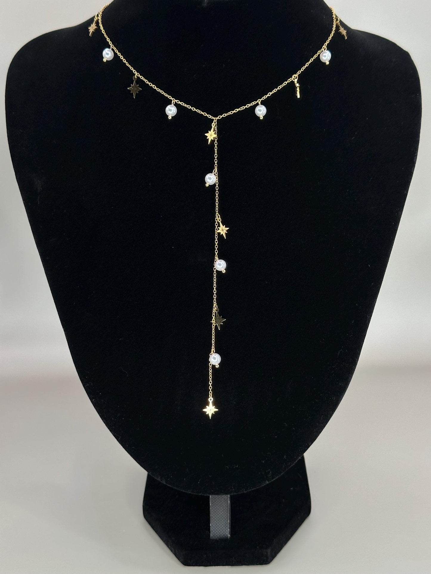 Gold Plated Waterproof Necklace Star & Pearl Y-Necklace – Celestial Minimalist Lariat, Non-Oxidizing