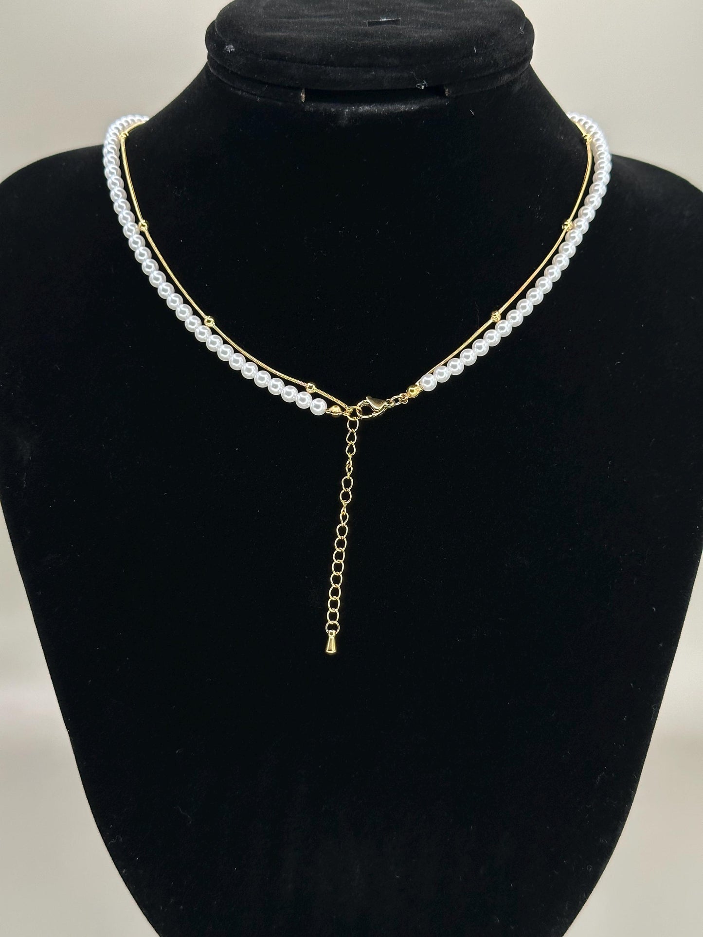 Gold Plated Double Layer Pearl Necklace: Crystal Pendant, Waterproof