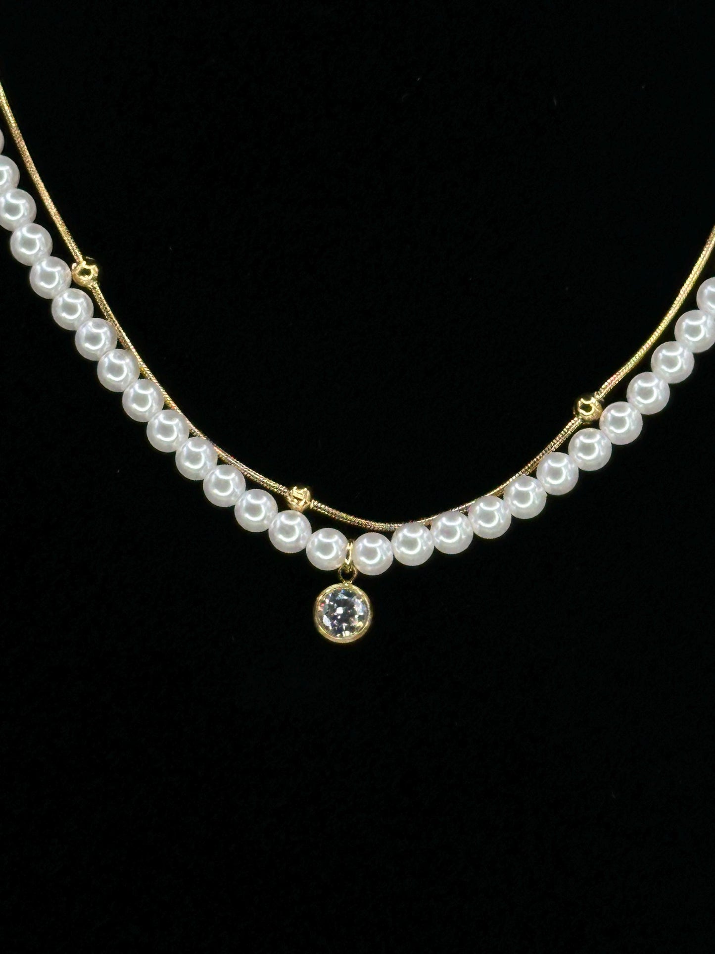 Gold Plated Double Layer Pearl Necklace: Crystal Pendant, Waterproof