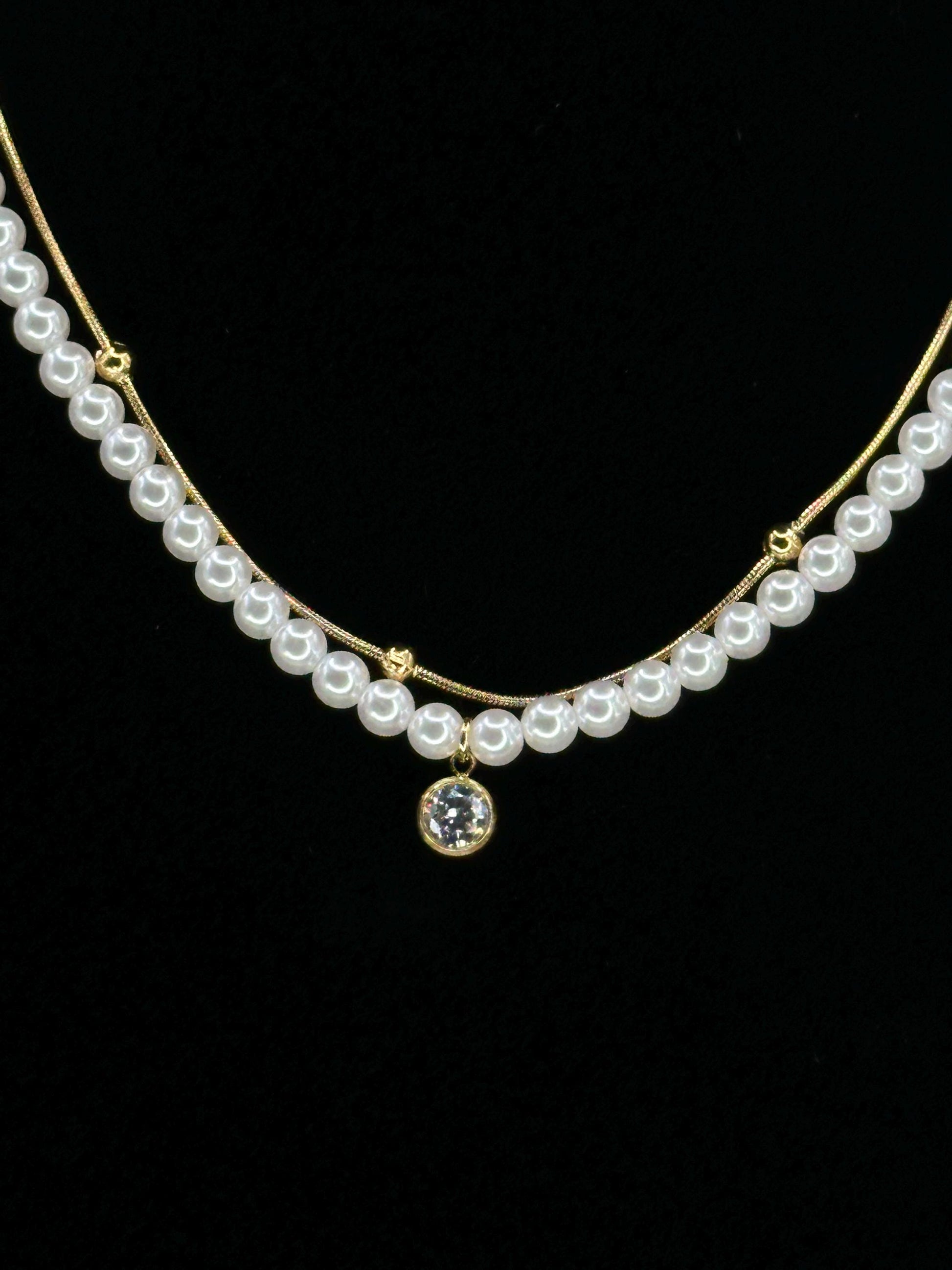Gold Plated Double Layer Pearl Necklace: Crystal Pendant, Waterproof