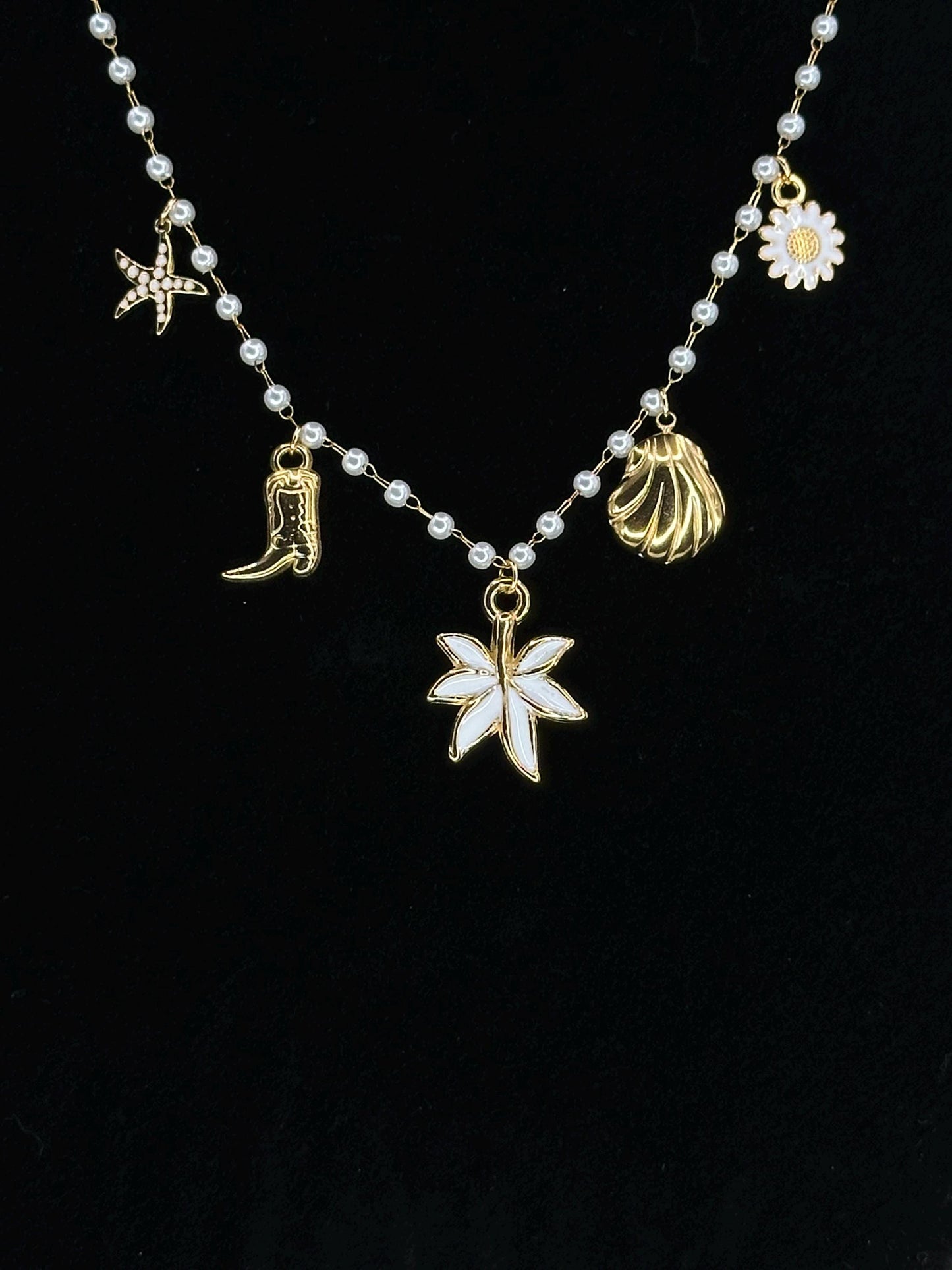 Gold Plated Charm Necklace: Cowgirl Boot, Daisy, Pearl Chain - Waterproof