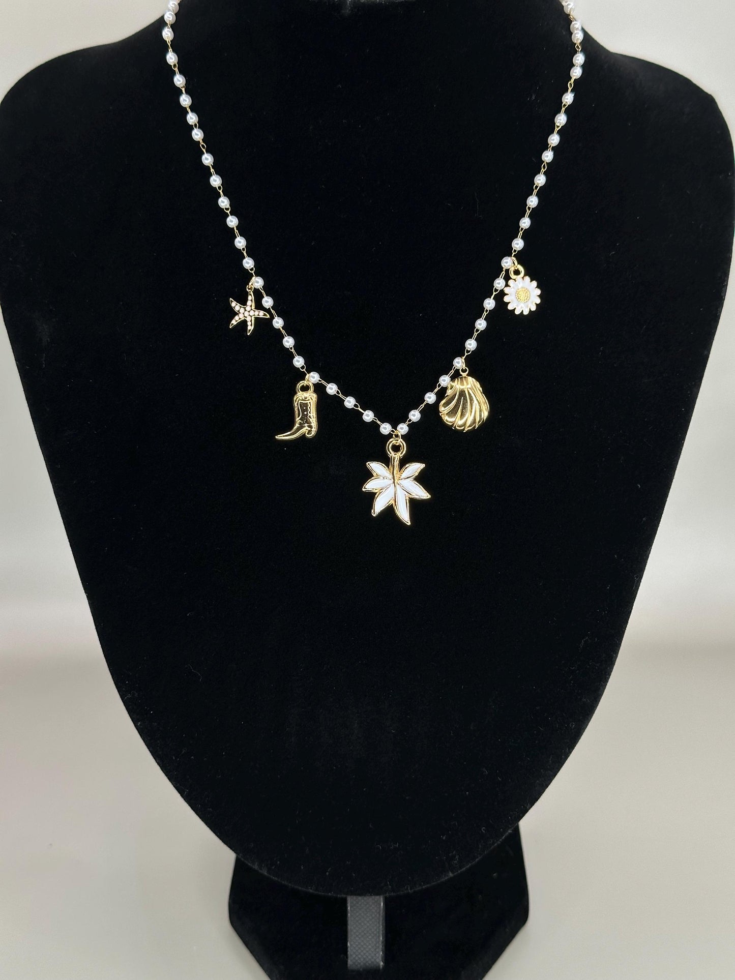 Gold Plated Charm Necklace: Cowgirl Boot, Daisy, Pearl Chain - Waterproof