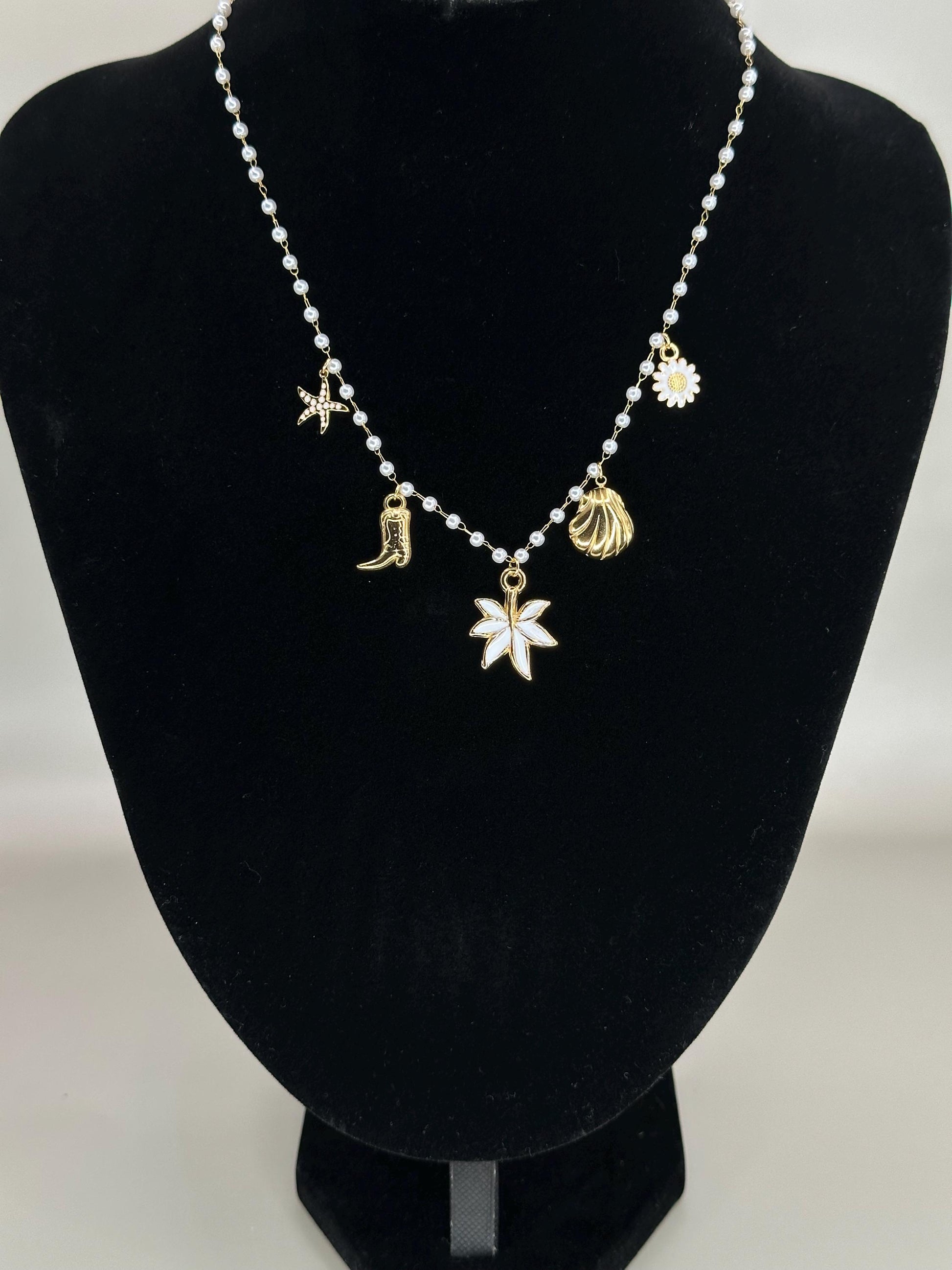 Gold Plated Charm Necklace: Cowgirl Boot, Daisy, Pearl Chain - Waterproof