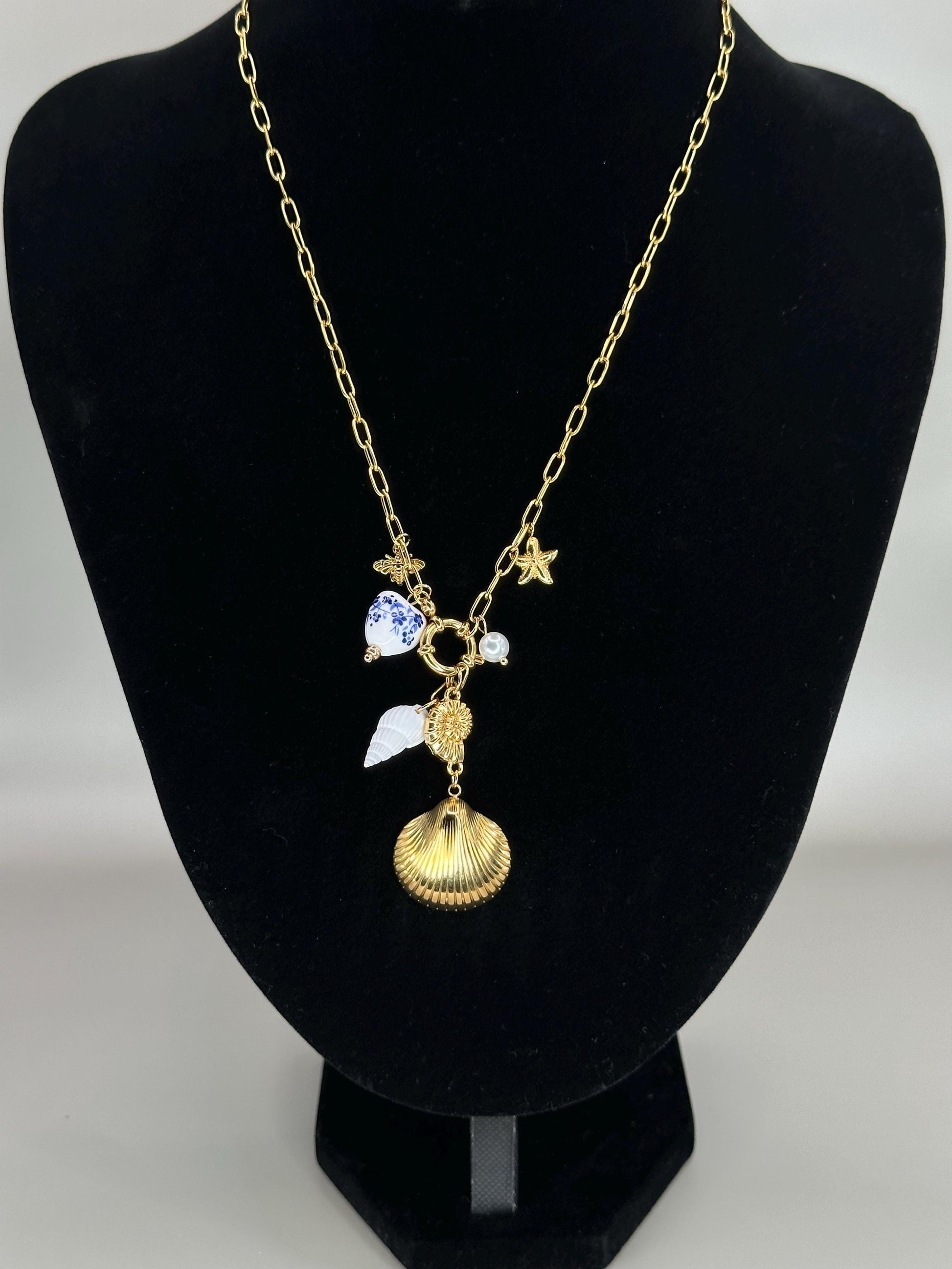 Gold Plated Waterproof Seashell Drop Pendant Necklace – Coastal Charms on Chunky Chain minimalist jewelry