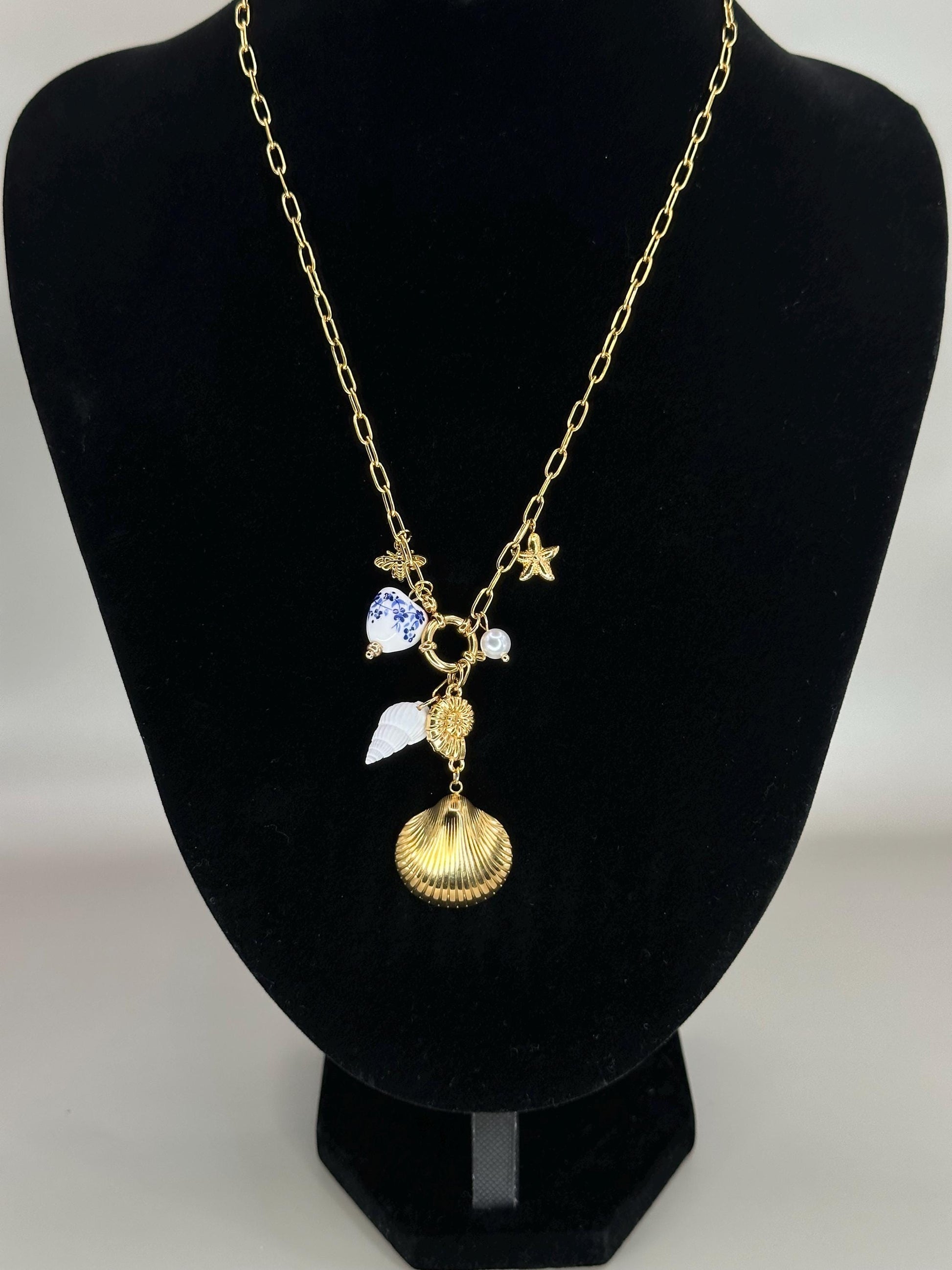 Gold Plated Waterproof Seashell Drop Pendant Necklace – Coastal Charms on Chunky Chain minimalist jewelry