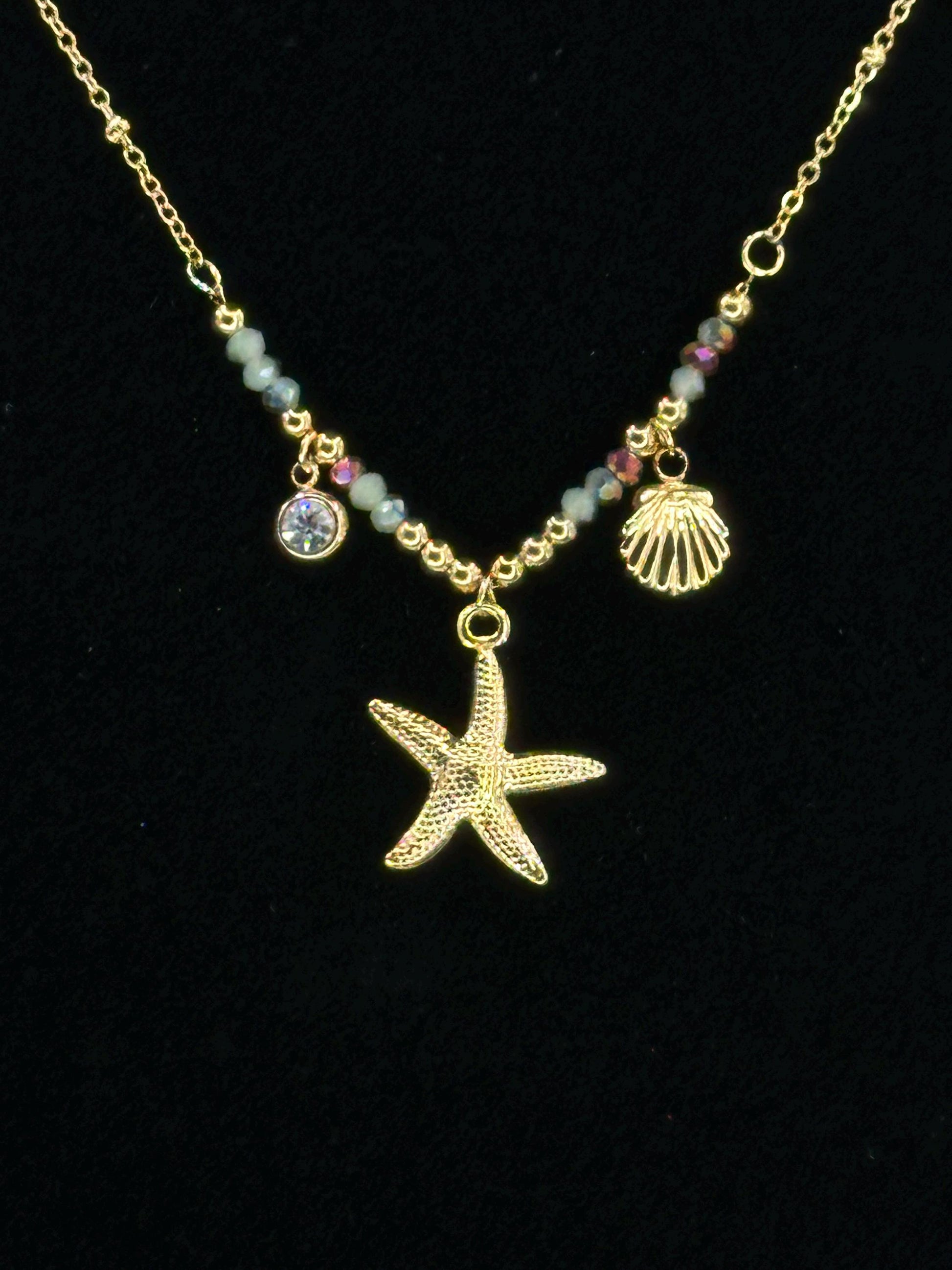 Gold Plated Starfish Necklace: Waterproof Beach Pendant with Shell & Beads