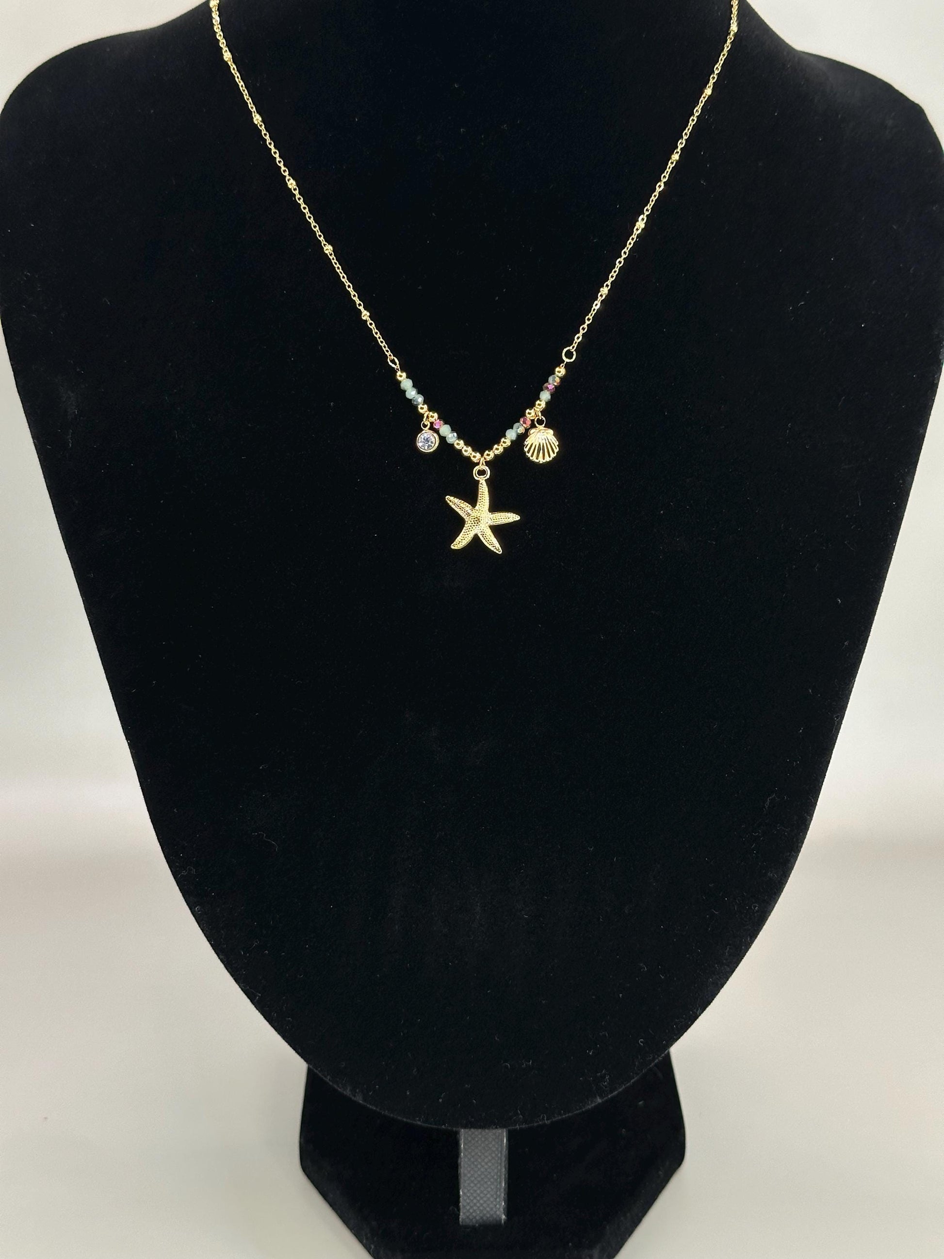 Gold Plated Starfish Necklace: Waterproof Beach Pendant with Shell & Beads