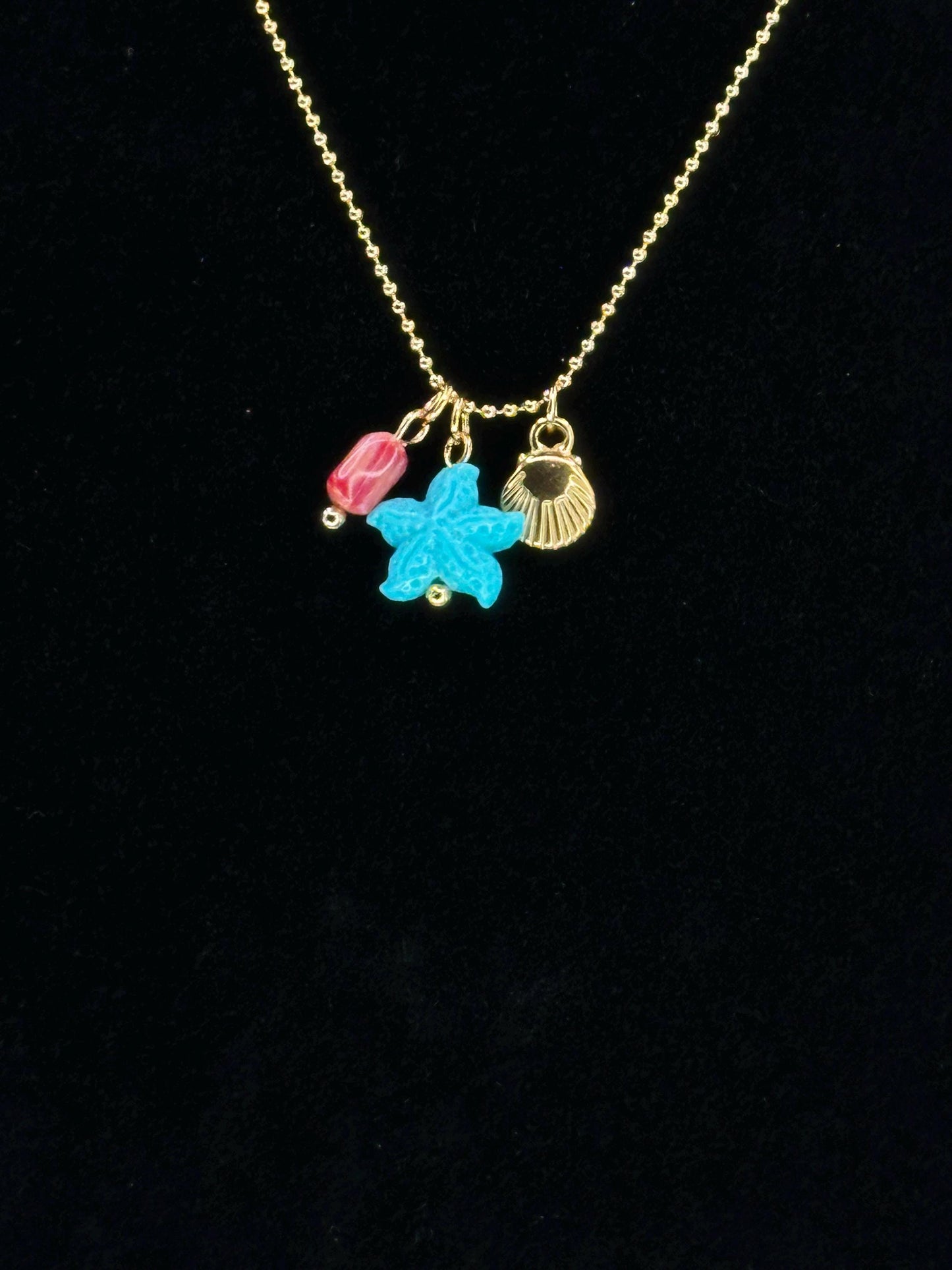 Gold Plated Waterproof Teal Starfish Shell Charm Necklace – Minimalist Jewelry