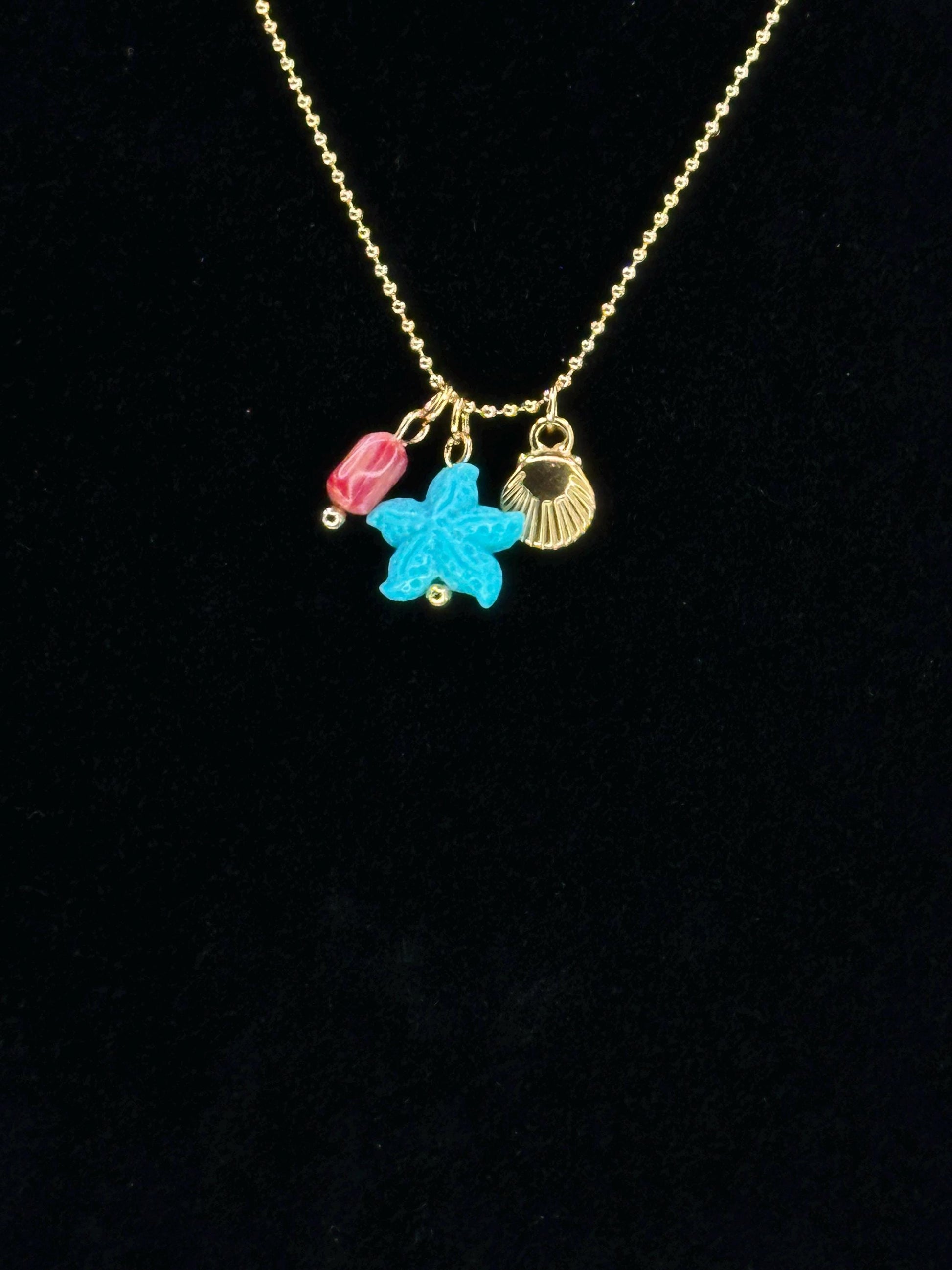 Gold Plated Waterproof Teal Starfish Shell Charm Necklace – Minimalist Jewelry