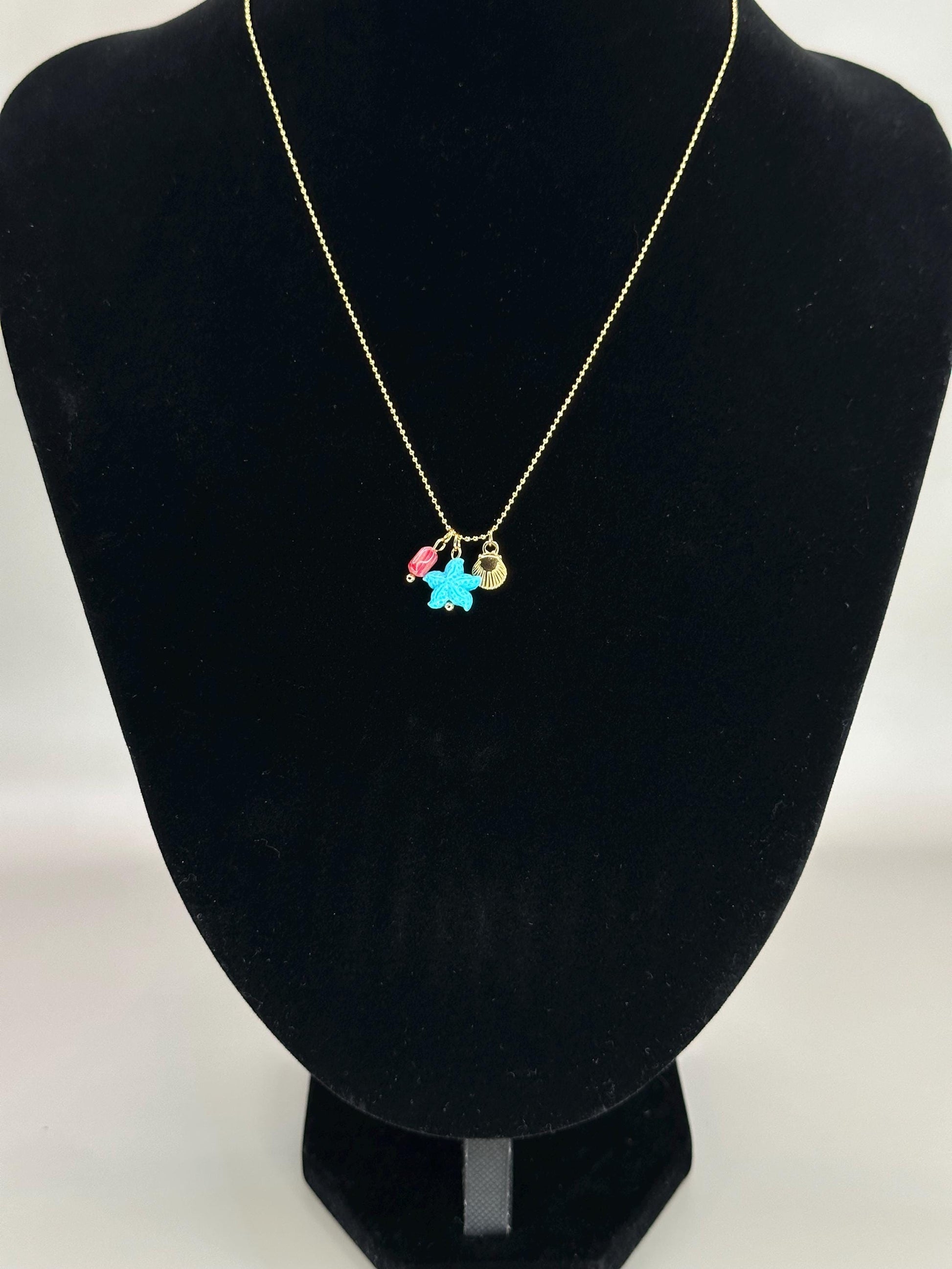 Gold Plated Waterproof Teal Starfish Shell Charm Necklace – Minimalist Jewelry