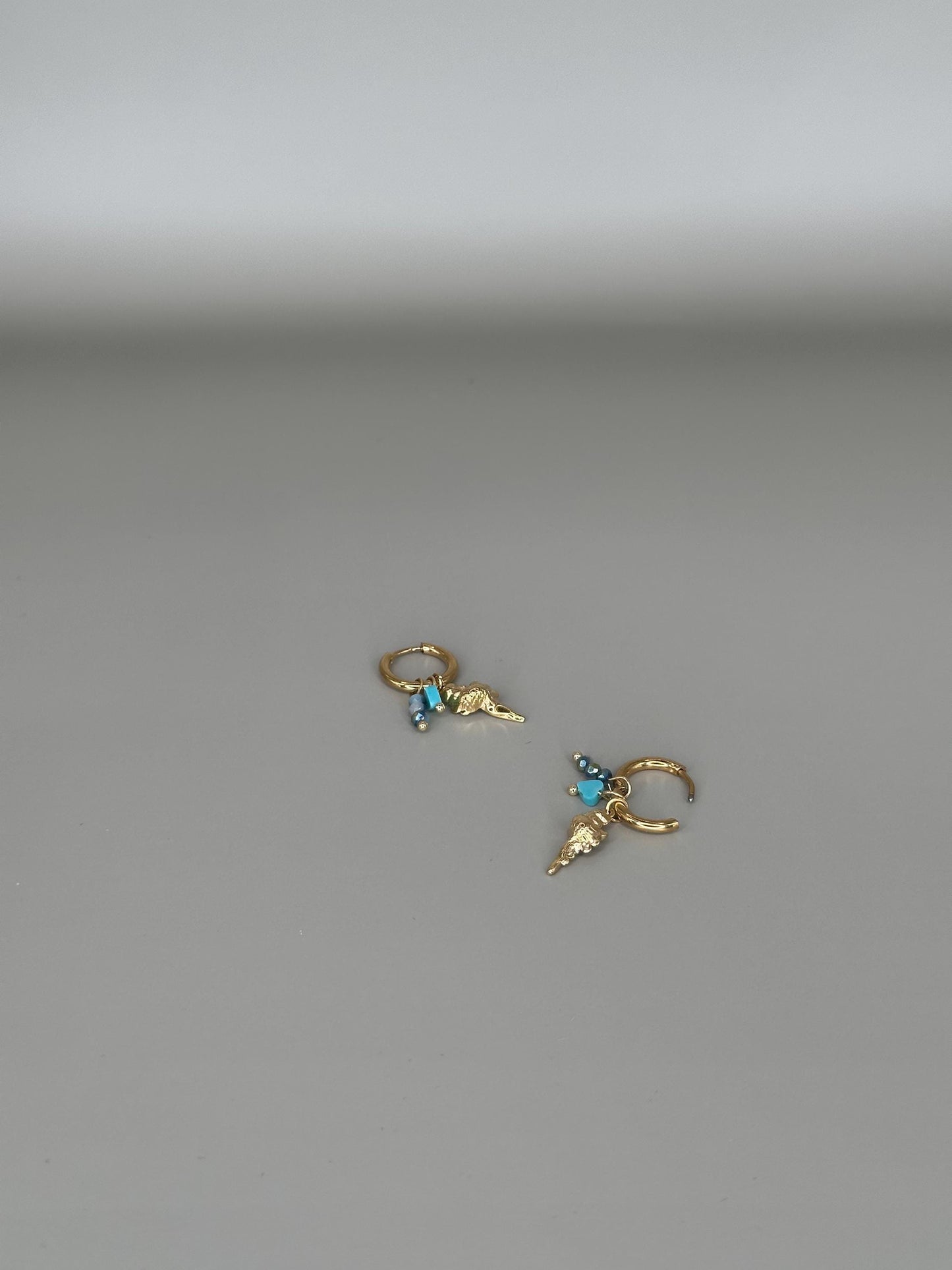 Gold Plated Waterproof Shell Charm Earrings – Ocean Blue Gem & Pearl Hoop / Dangle – Minimalist Jewelry