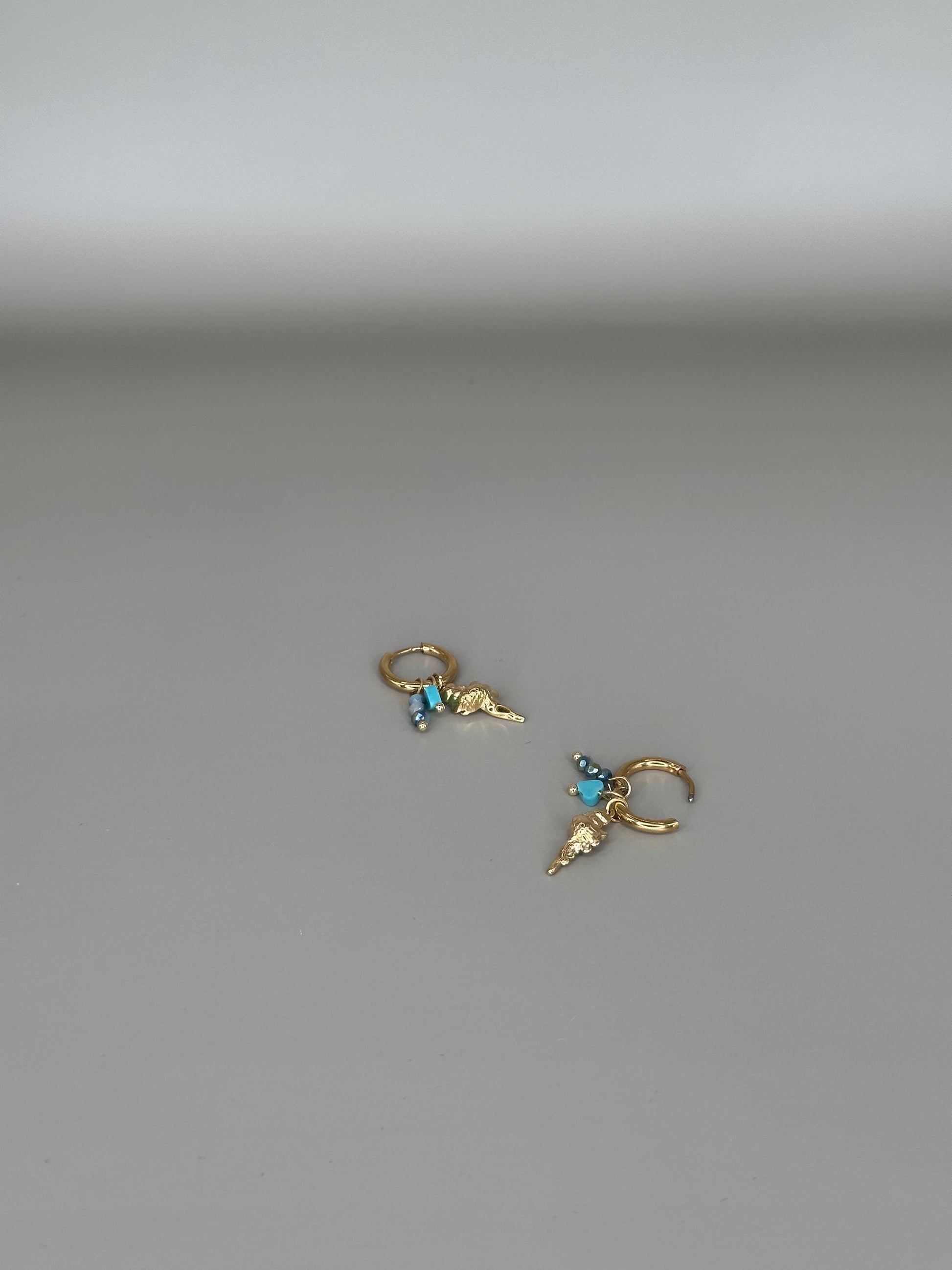 Gold Plated Waterproof Shell Charm Earrings – Ocean Blue Gem & Pearl Hoop / Dangle – Minimalist Jewelry