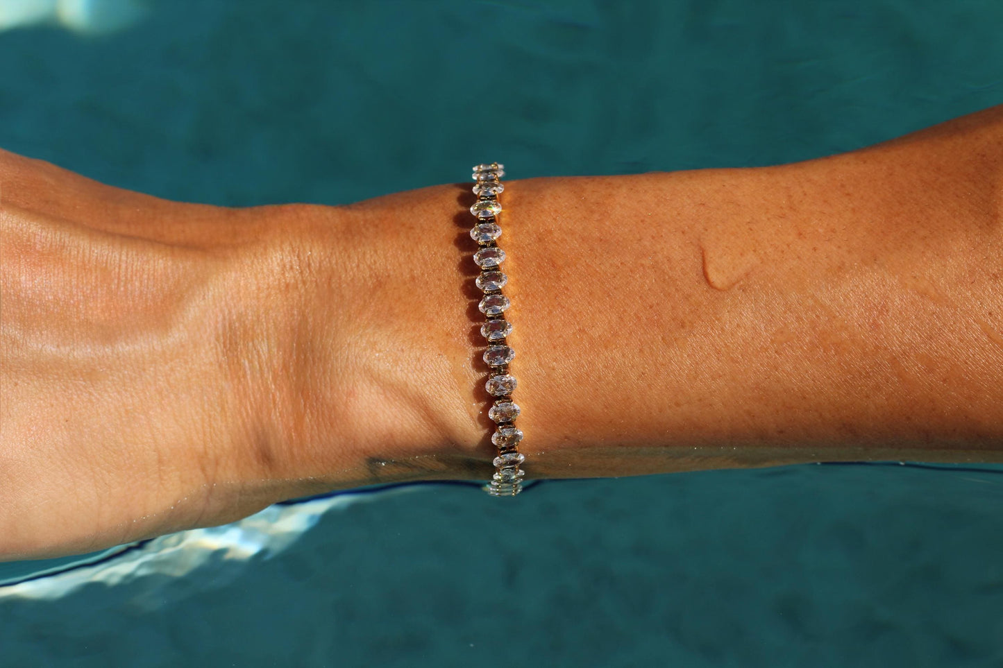 Gold Plated Waterproof Oval Crystal Tennis Bracelet - Hypoallergenic Minimalist Jewelry