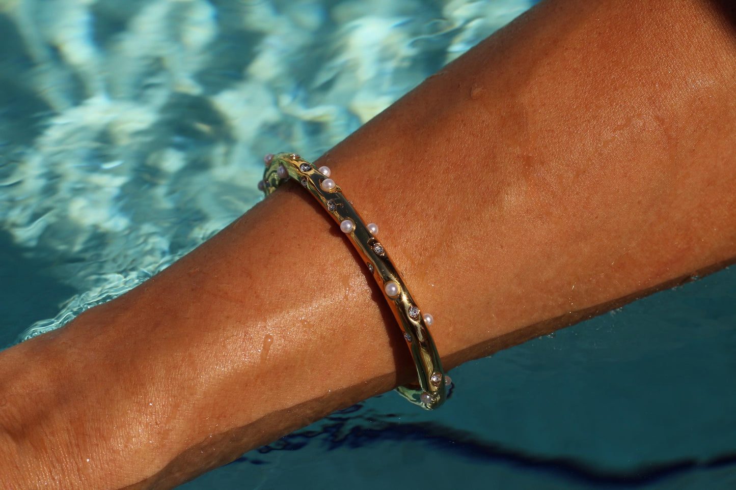 Gold Plated Waterproof Pearl & Crystal Cuff Bracelet, Hypoallergenic Minimalist Jewelry
